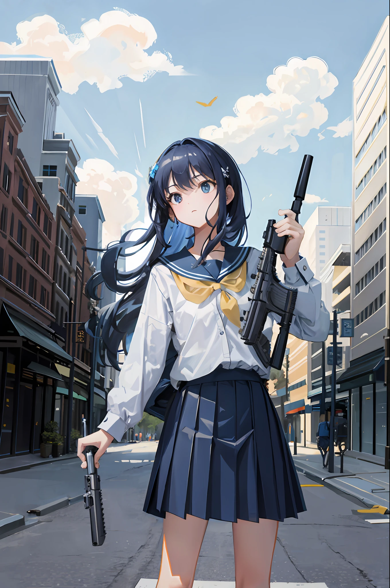 masterpiece,best quality, lens flare, depth of field, (close-up:1.3), (wide shot, fisheye:0.85), facefocus,
1girl ,standing, blue long hair, school uniform,pleated skirt, (holding weapon, holding rifle,aiming,aim:1.2),
gun, h&k hk416, carbine, open fire, firing,
sunny,blue sky,cloudy sky,city,street,road sign, skyscraper,