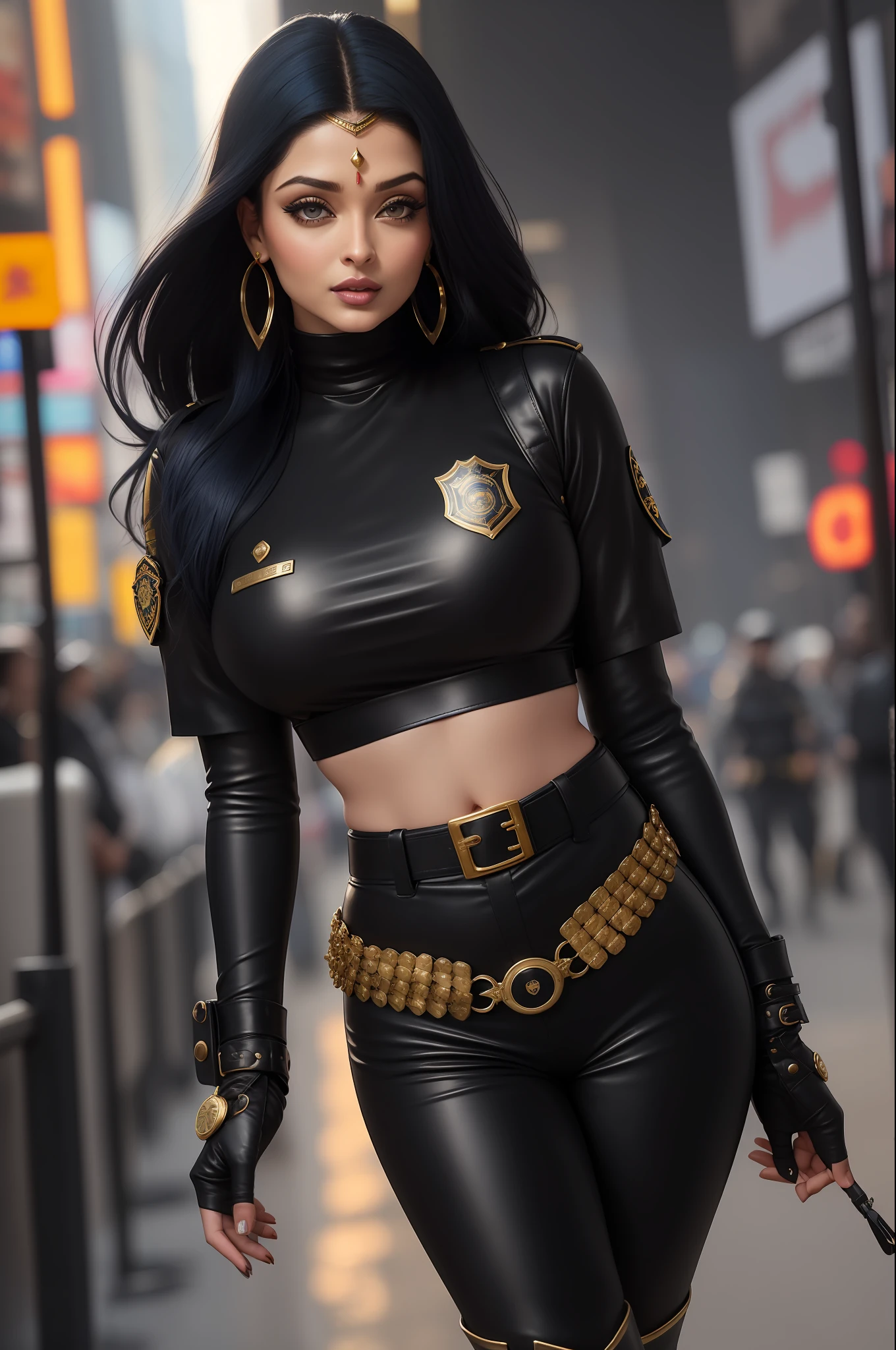 Aishwarya Rai Bachchan super sexy, with long black hair at hip height, dressed as an FBI police officer, with cap, red lipstick, wearing sunglasses, sucking on a lollipop, with a sensual expression, in an open police uniform showing her breasts, topless, solo, erotic, obscene, sexy, big breasts, sexy belly, ((sexy_pose)) smiling wearing (transparent saree) lying in bed at midnight,  full body (city, street, Times Square, long hair, photorealistic, 1girl, fighter, erotic pose, ), best quality, intricate details, looking at the viewer, ultra realistic 8k CG, perfect face, flawless, clean, masterpiece, professional artwork, famous art, cinematic lighting, cinematic flower, perfect face, beautiful face, beautiful eyes, ((perfect female body, narrow waist)), blurred background, boots, breasts, cowboy boots,  cowboy, headgear, headband, crowd, depth of field, fingerless gloves, gloves, lacy gloves, large breasts, leather, leather gloves, looking at the viewer, toned body, sunlight, jewelry, (dynamic angle:1.2), (dynamic pose:1.2) lace, fish net, lace trim, hair ornament, gold necklace, earrings, bracelet, armband, ((dark blue hair, blue short-sleeved police uniform,  Fitted design, gold trim, brass buttons, double chest, turtleneck, black and gold belt, black leather gloves, police badge, utility belt with pockets, handcuffs, ammunition, blue pants, knee-length black leather boots with gold details, robust and practical design))