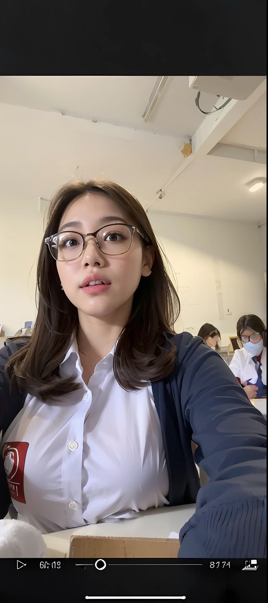 there is a woman taking a selfie with her cell phone, selfie shot straight on angle, student, standing in class, 8k selfie photograph, a hyperrealistic schoolgirl, with glasses, shot on gopro9, selfie of a young woman, she is facing the camera, in a classroom, with glasses on, looking straight to camera, hyperrealistic schoolgirl, wearing glasses, (((((large breasts)))))