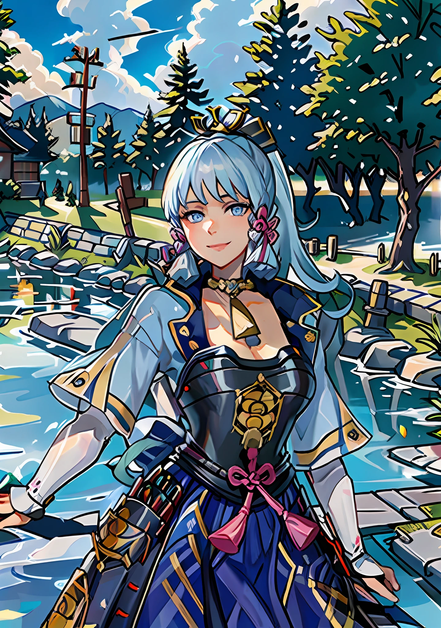 (masterpiece), (best quality), (ultra detailed),(disheveled hair),(illustration), (1girl), standing, smiling, beautiful detailed eyes, light blue eyes, detailed beautiful face, (kamisato ayaka: 1.2), focus on face, ponytail, kamisato ayaka(genshin impact), light blue hair, detailed hair, bangs, best lighting, best shadow, highly detailed, vibrant