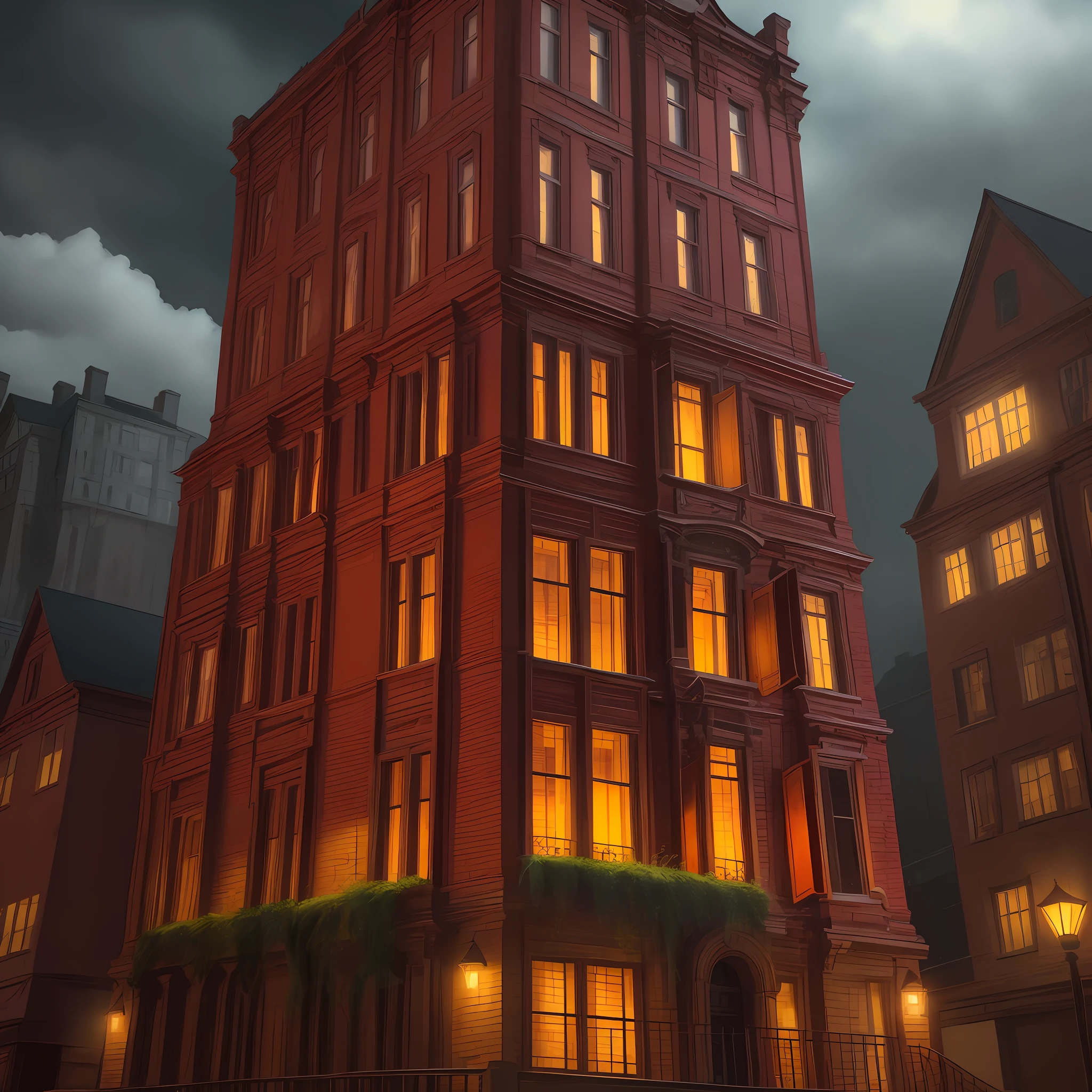 Masterpiece, photo-realistic, high quality,best quality,red color building,haunted place,multiple windows with lights on,night, Hill scenery.