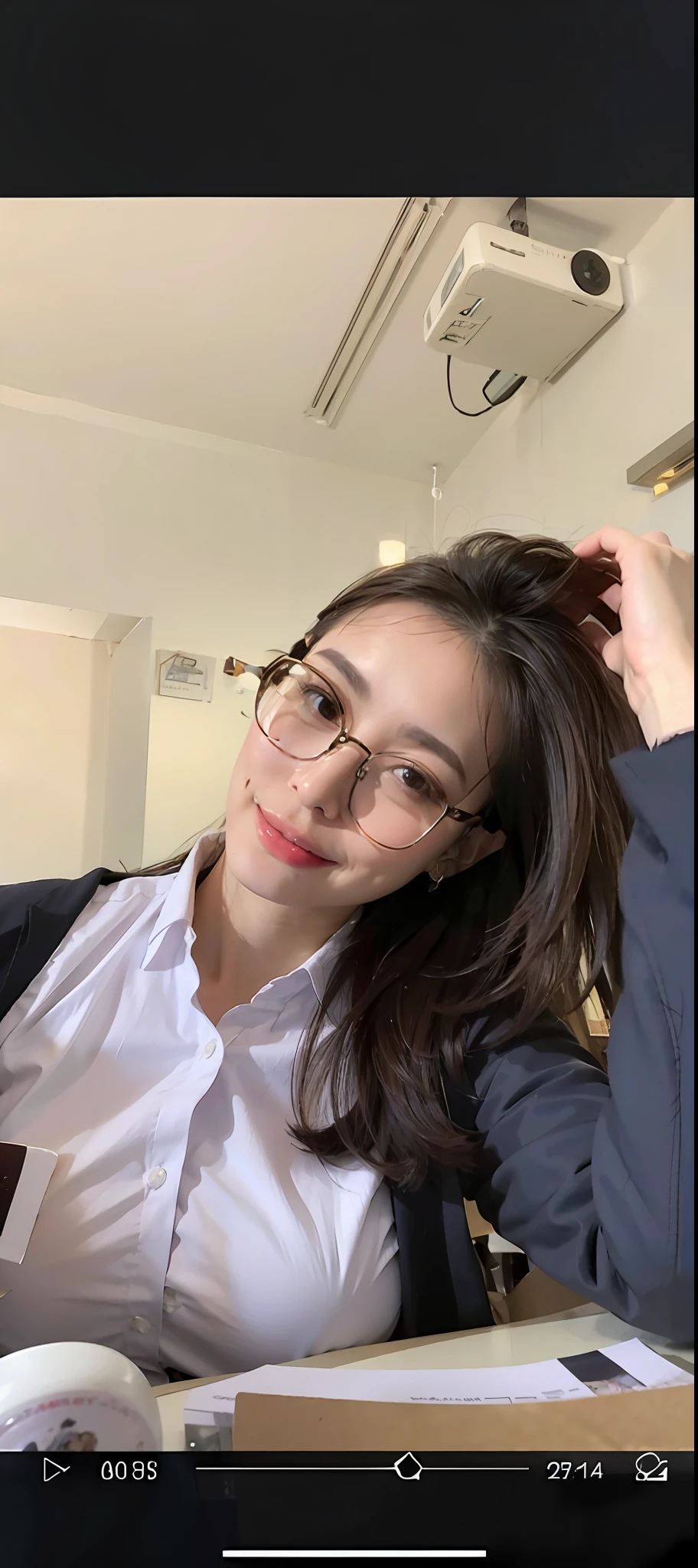 there is a woman wearing glasses and a jacket sitting at a table, with glasses, with glasses on, wearing glasses, spectacled, girl with glasses, thick glasses, with square glasses, wearing a suit and glasses, wearing thin large round glasses, professional profile picture, wearing black frame glasses, !!wearing modern glasses!!, !!wearing glasses!!, 2 7 years old, (((((large breast))))), smile
