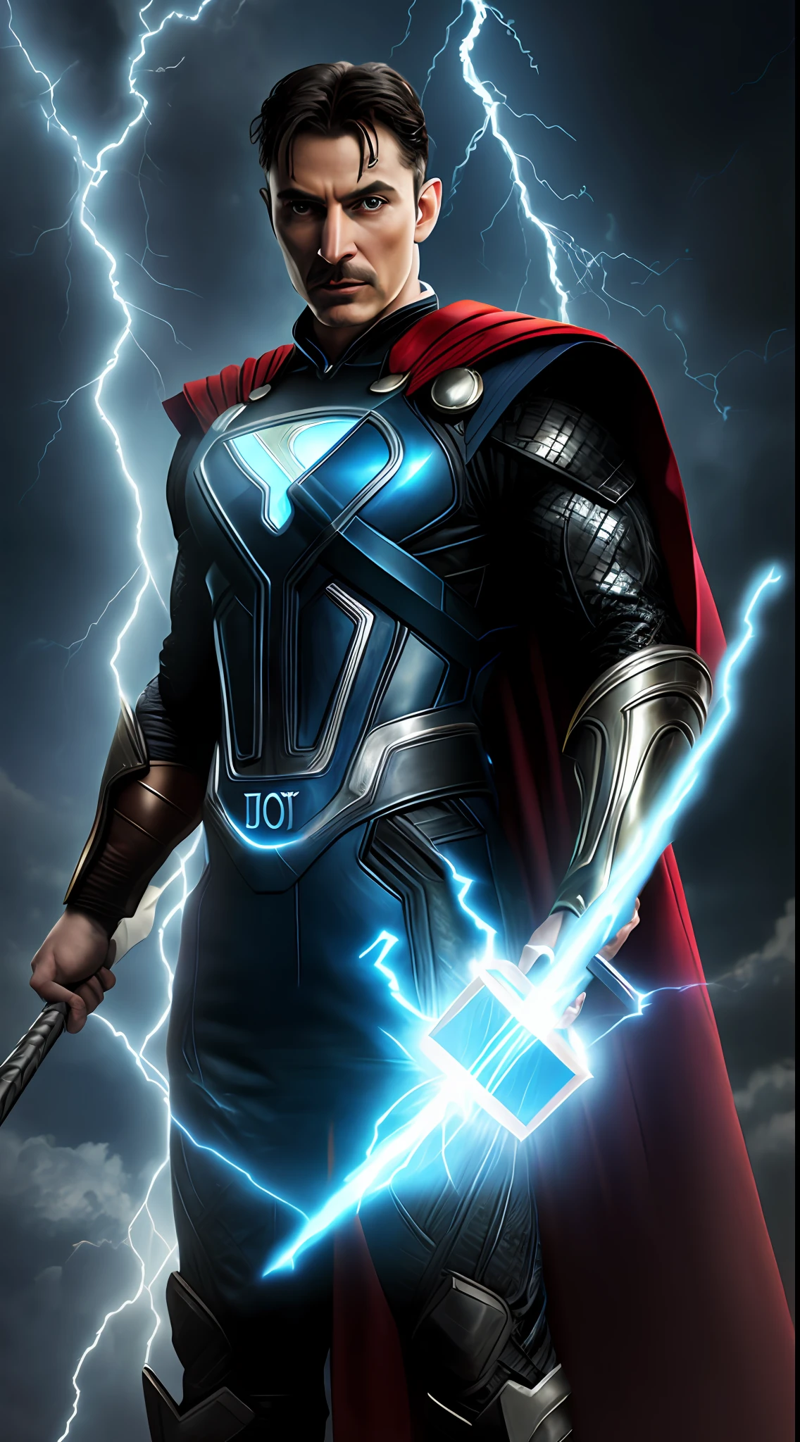 ((realistic)), (Nikola Tesla as Thor God of Thunder from Marvel), (holding Mjolnir hammer with lightning bolt), [ superman style outfit, (Joseph Stalin as Superman) ], portrait style., high detail, VFX, Hero pose, award winning, best quality, masterpiece, 8k
