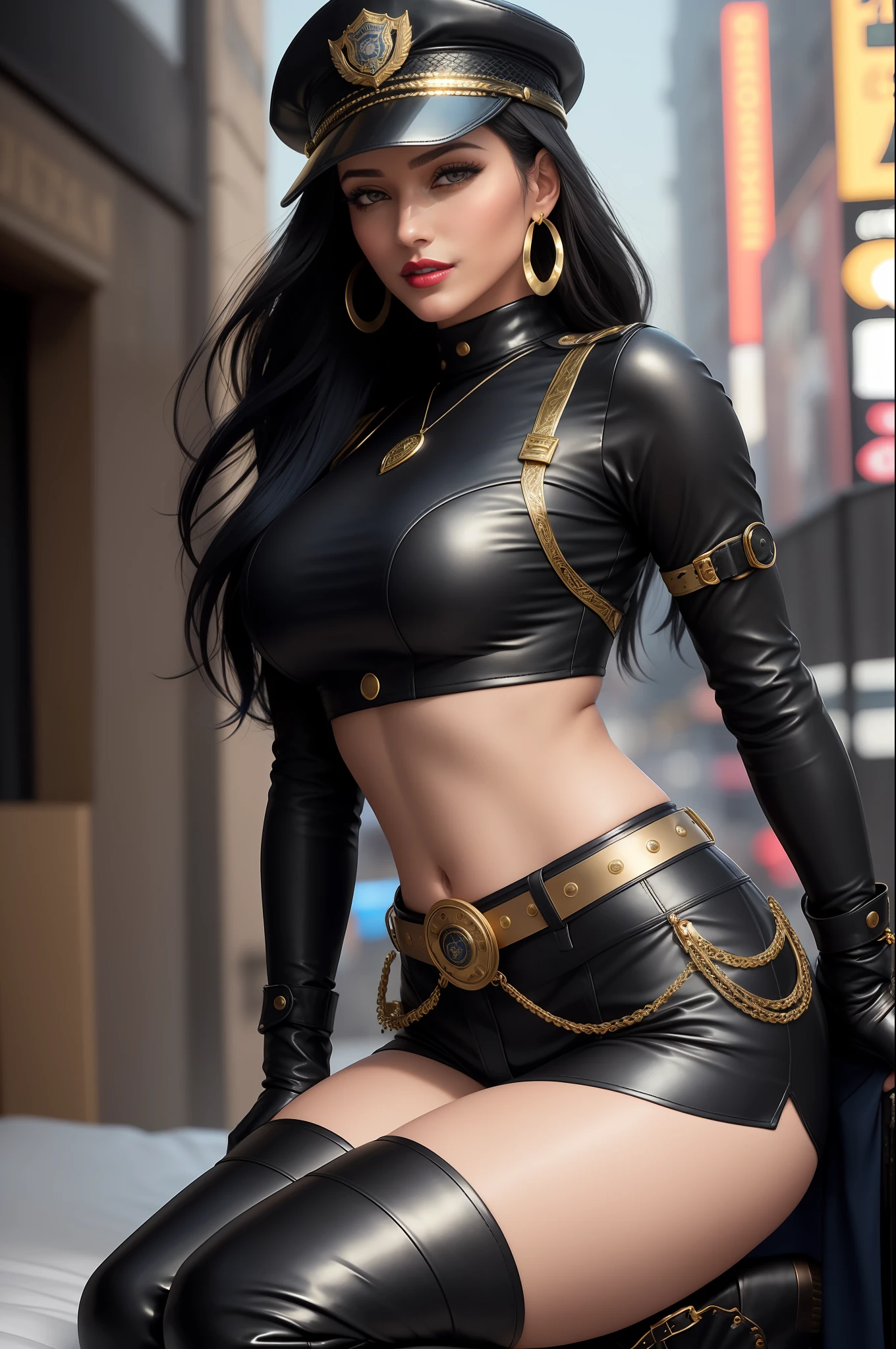 Lisa Haydon super sexy, with long black hair at hip height, dressed as an FBI cop, with cap, red lipstick, wearing sunglasses, sucking on a lollipop, with a sensual expression, in an open police uniform showing her breasts, topless, solo, erotic, obscene, sexy, big tits, sexy belly, ((sexy_pose)) smiling wearing (transparent saree) lying in bed at midnight, full body (city, street, Times Square, long hair, photorealistic, 1girl, fighter, erotic pose, ), best quality, intricate details, looking at the viewer, ultra realistic 8k CG, perfect face, flawless, clean, masterpiece, professional artwork, famous art, cinematic lighting, cinematic flower, perfect face, beautiful face, beautiful eyes, ((perfect female body, narrow waist)), blurred background, boots, breasts, cowboy boots, cowboy, headgear, headband, crowd, depth of field, fingerless gloves, gloves, lacy gloves, large breasts, leather, leather gloves, looking at the viewer, toned body, sunlight, jewelry, (dynamic angle:1.2), (dynamic pose:1.2) lace, fish net, lace trim, hair ornament, gold necklace, earrings, bracelet, armband, ((dark blue hair, blue short-sleeved police uniform, Fitted design, gold trim, brass buttons, double chest, turtleneck, black and gold belt, black leather gloves, police badge, utility belt with pockets, handcuffs, ammunition, blue pants, knee-length black leather boots with gold details, robust and practical design))