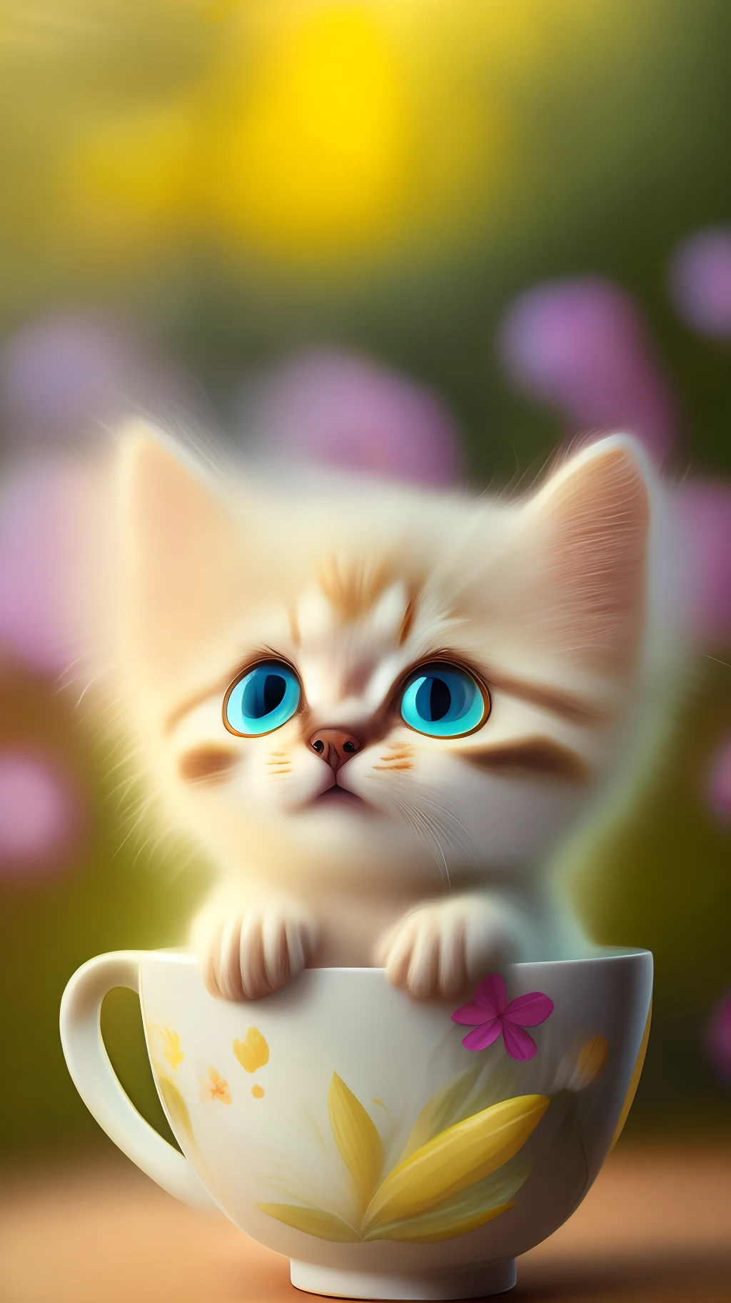 Very cute white tropicalpunk kitten, big eyes, in a cup, laughter, excitement, flowers, professional light, depth of field 8k, golden magic moment, professional photography, octane rendering, super realistic - amazing sunlight, dynamic composition, photography, sharp focus, bokeh
