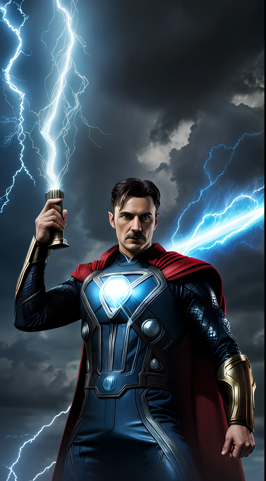 ((realistic)), (Nikola Tesla as Thor God of Thunder from Marvel), (holding Mjolnir hammer with lightning bolt), [ superman style outfit, (Joseph Stalin as Superman) ], portrait style., high detail, VFX, Hero pose, award winning, best quality, masterpiece, 8k