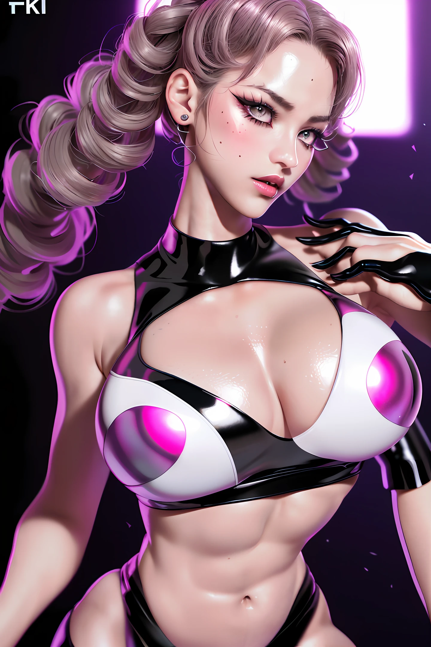 Tekken female character sexy latex outfit Curly hair huge bust, (8k, RAW photo, photorealistic: 1.25), (lots of lip gloss, lots of eyelashes, watery eyes, best quality, ultra high resolution, depth of field, chromatic aberration, caustic, wide light, natural color,