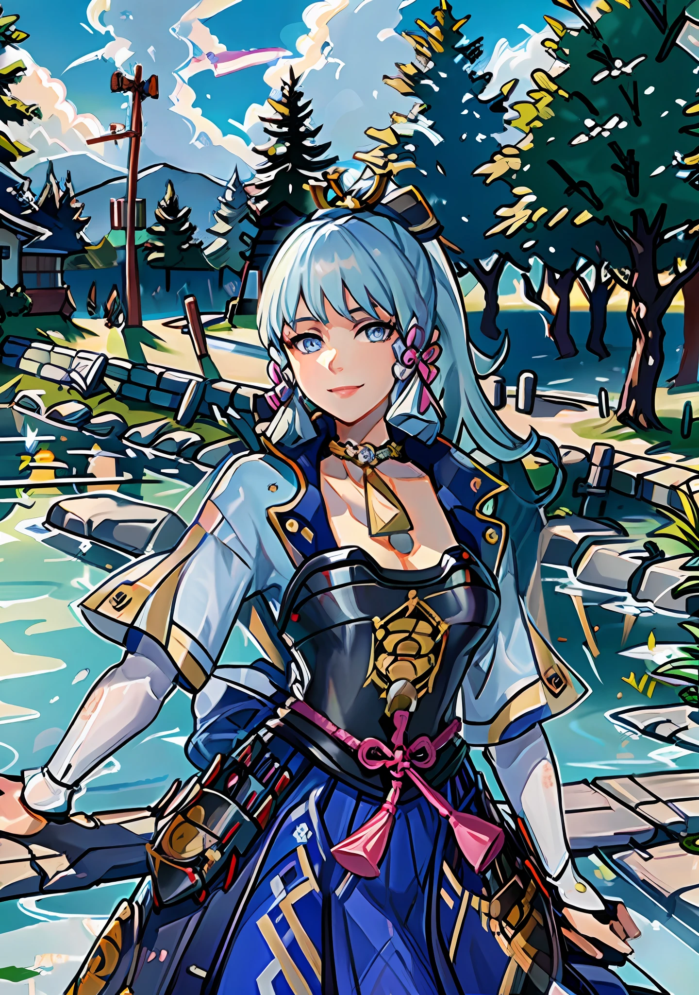 (masterpiece), (best quality), (ultra detailed),(disheveled hair),(illustration), (1girl), standing, smiling, beautiful detailed eyes, light blue eyes, detailed beautiful face, (kamisato ayaka: 1.2), focus on face, ponytail, kamisato ayaka(genshin impact), light blue hair, detailed hair, bangs, best lighting, best shadow, highly detailed, vibrant