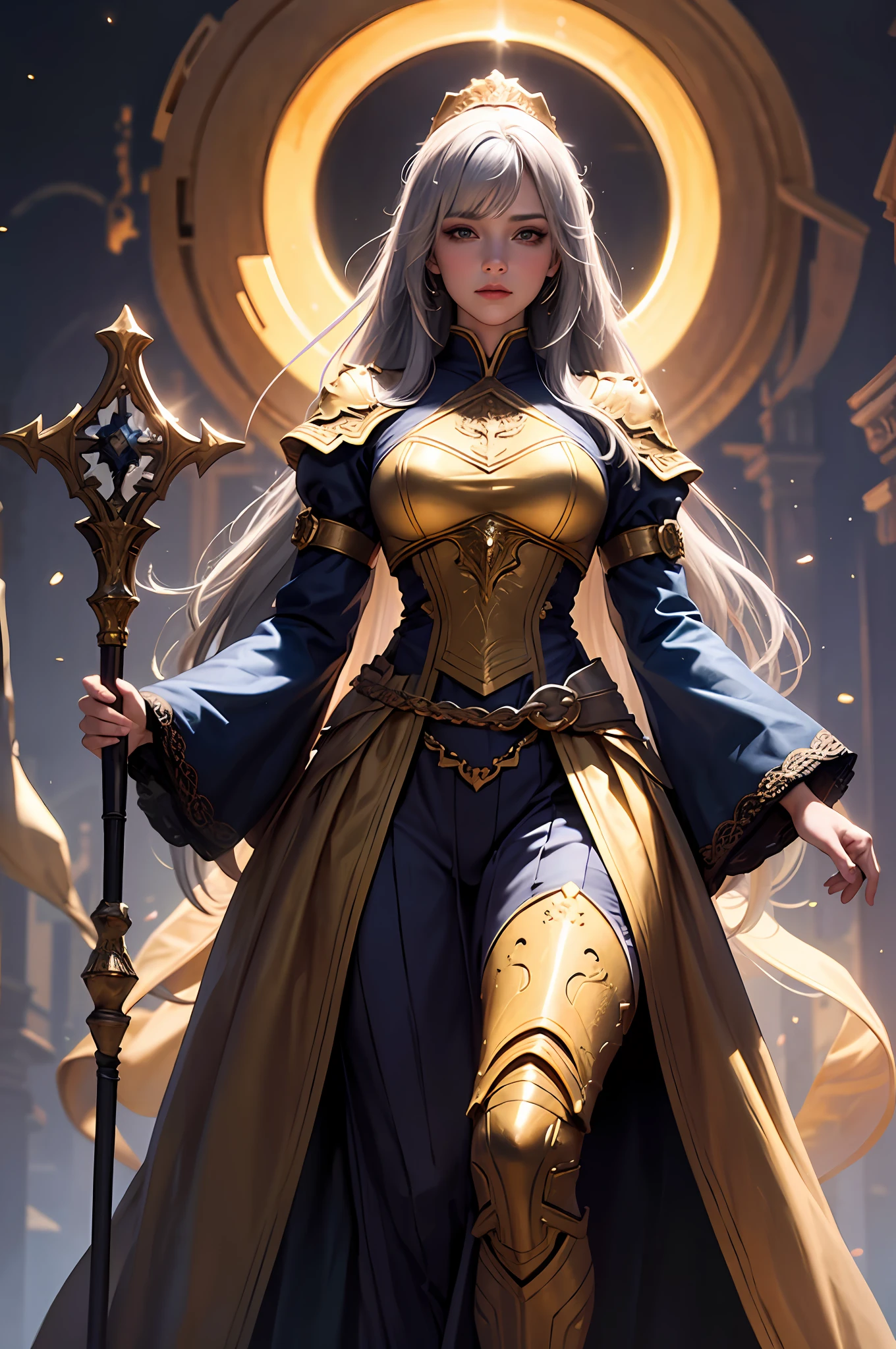(Front Focus), (In the Dark: 1.6), A Woman Wearing a Gorgeous Golden Robe, (Holding a Gorgeous Staff in Hold: 1.6), Fantasy Art, Photo Realism, Dynamic Lighting, ArtStation, Poster, Volumetric Lighting, Very Detailed Faces, 4 K, Award, 1girl, In the Dark, Deep Shadow, Low Key, Cowboy Shot, (Official Uniform: 1.4), Long Hair, Gray Hair