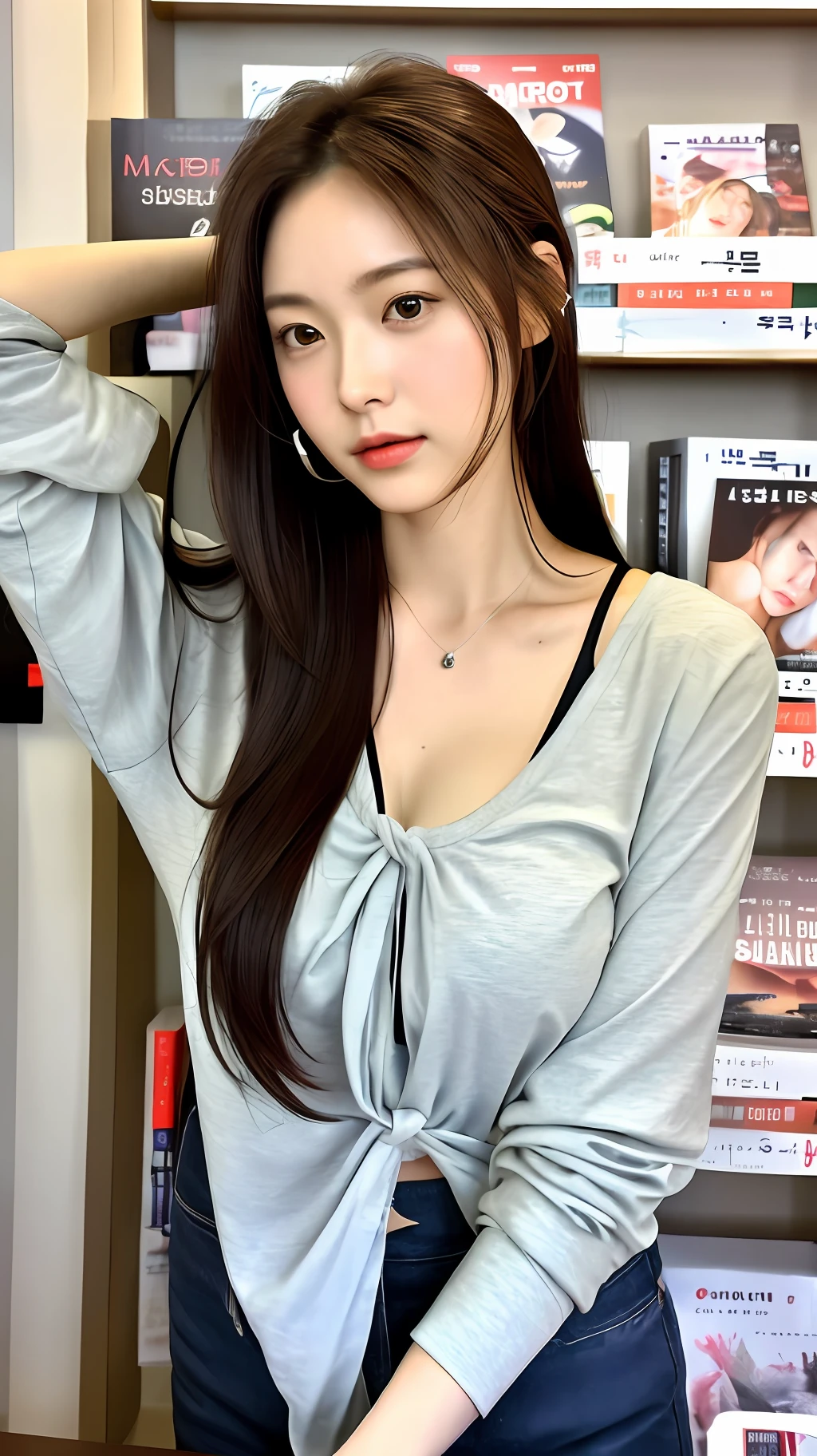 realistic photos of (1 cute Korean star) tying her hair, thin makeup, medium breasts size, camisole, at the bookstore, clear facial features of Canon EOS, 8K high resolution, sharp and realistic details.