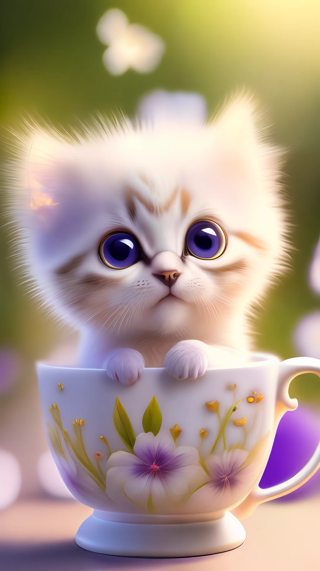 Very cute white tropical punk kitten, big eyes, in cup, laughter, excitement, flowers, professional light, depth of field 8k, purple gold magic moment, professional photography, octane rendering, super realistic - amazing sunlight, dynamic composition, photography, sharp focus, background bokeh