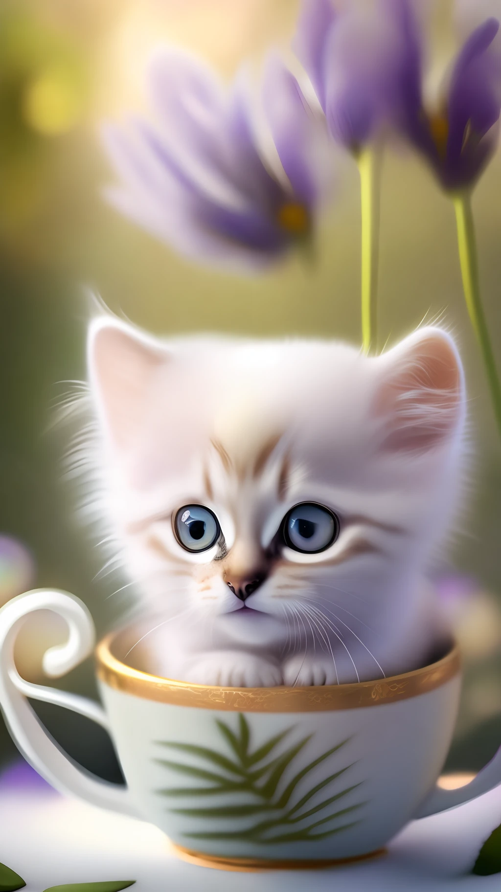 Very cute white tropical punk kitten, big eyes, in cup, laughter, excitement, flowers, professional light, depth of field 8k, purple gold magic moment, professional photography, octane rendering, super realistic - amazing sunlight, dynamic composition, photography, sharp focus, background bokeh