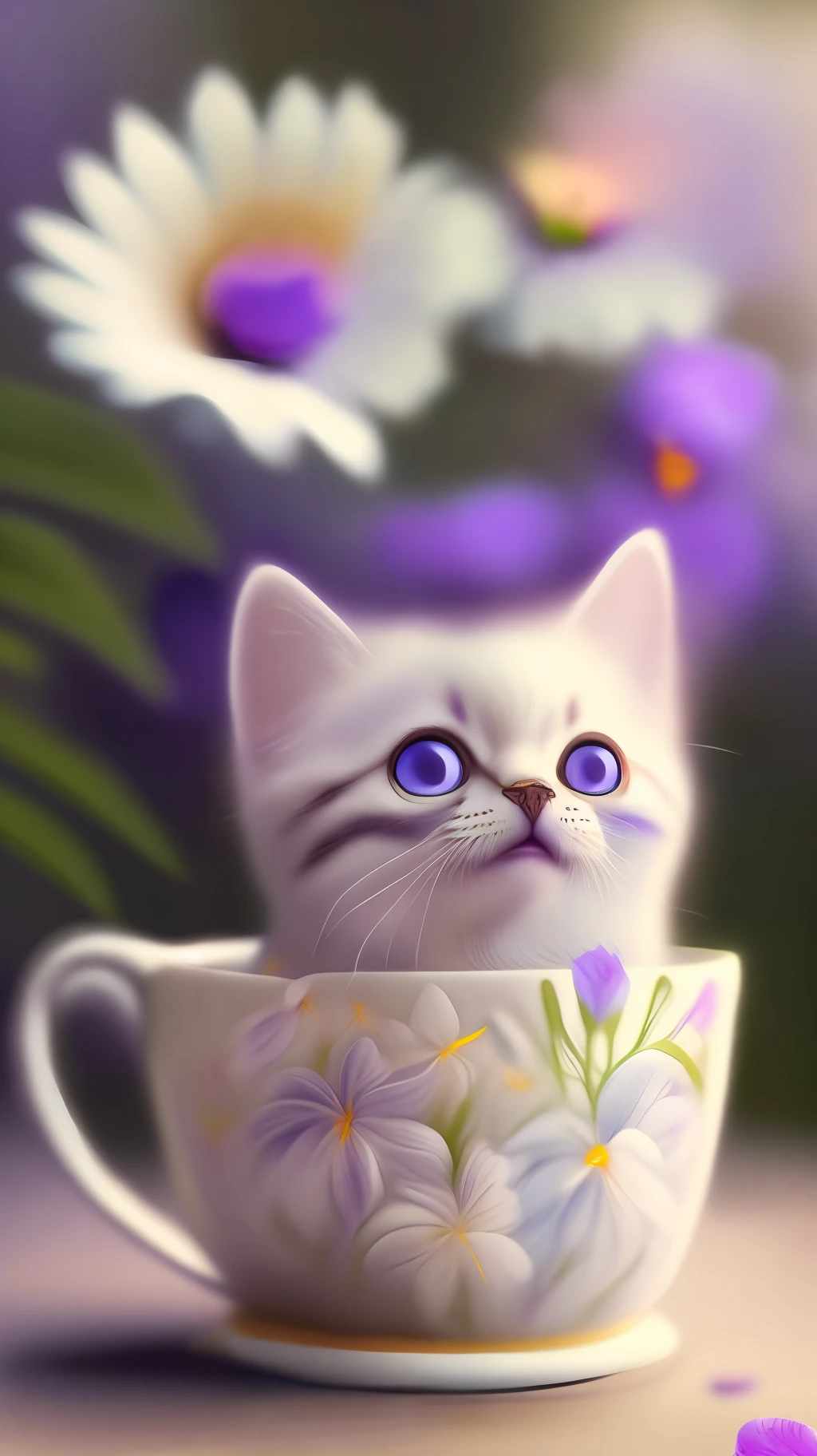 Very cute white tropical punk kitten, big eyes, in cup, laughter, excitement, flowers, professional light, depth of field 8k, purple gold magic moment, professional photography, octane rendering, super realistic - amazing sunlight, dynamic composition, photography, sharp focus, background bokeh