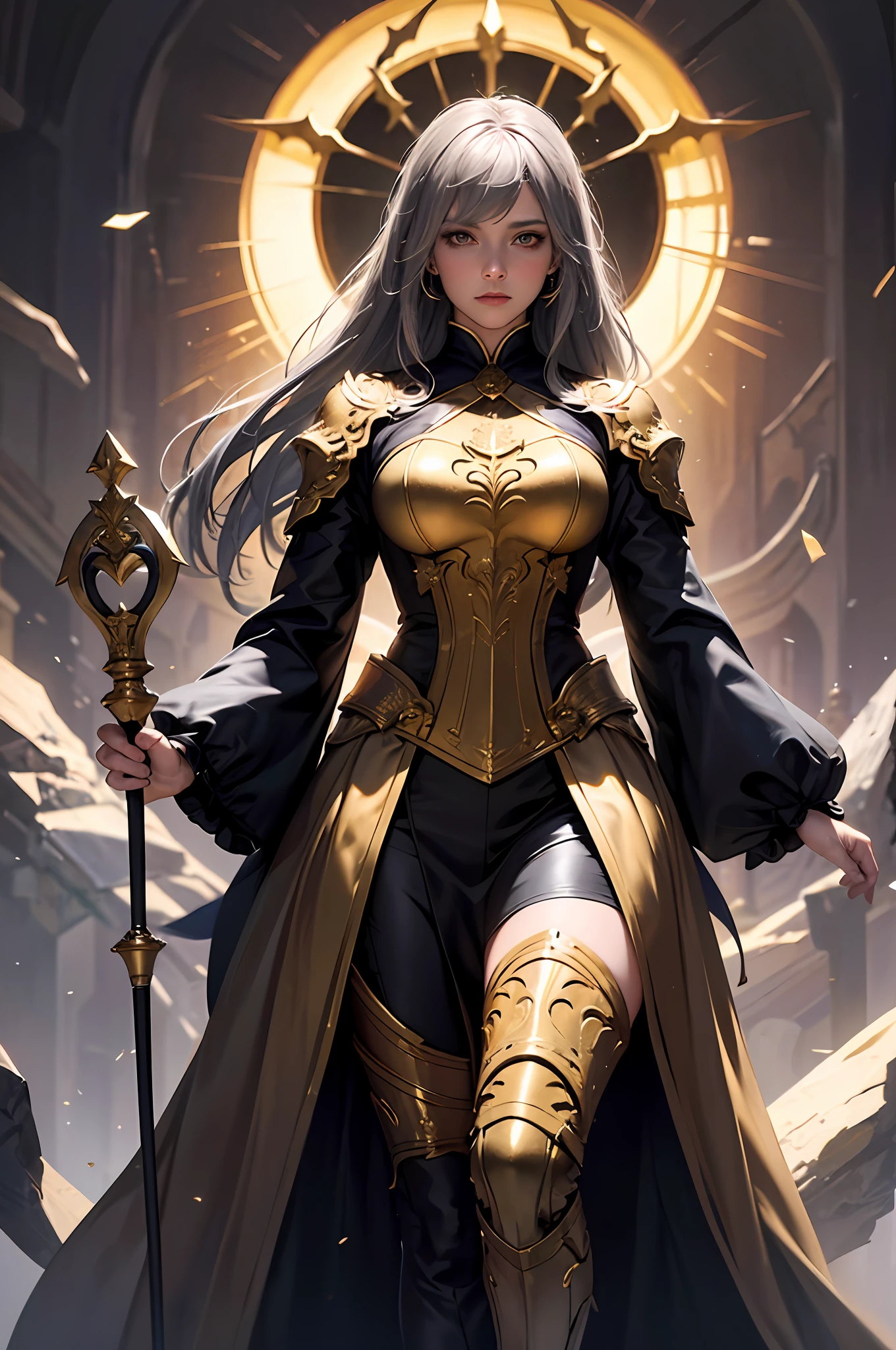 (Front Focus), (In the Dark: 1.6), A Woman Wearing a Gorgeous Golden Robe, (Holding a Gorgeous Staff in Hold: 1.6), Fantasy Art, Photo Realism, Dynamic Lighting, ArtStation, Poster, Volumetric Lighting, Very Detailed Faces, 4 K, Award, 1girl, In the Dark, Deep Shadow, Low Key, Cowboy Shot, (Official Uniform: 1.4), Long Hair, Gray Hair