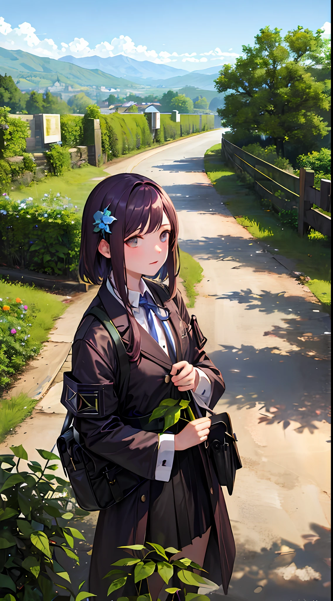 (ultra high res,photorealistic,best quality,photo-realistic),(8k,raw photo,best quality,masterplece),(photon mapping,radiosity,physically-based rendering,automatic white balance),real person,photograph,bridge, building, bush, city, cloud, day, door, fence, field,orest, garden, grass, house, hydrangea, mountain, nature, no_humans, outdoors, path, plant, potted_plant, purple_flower, road, scenery, sky, skyscraper, traditional_media, tree,