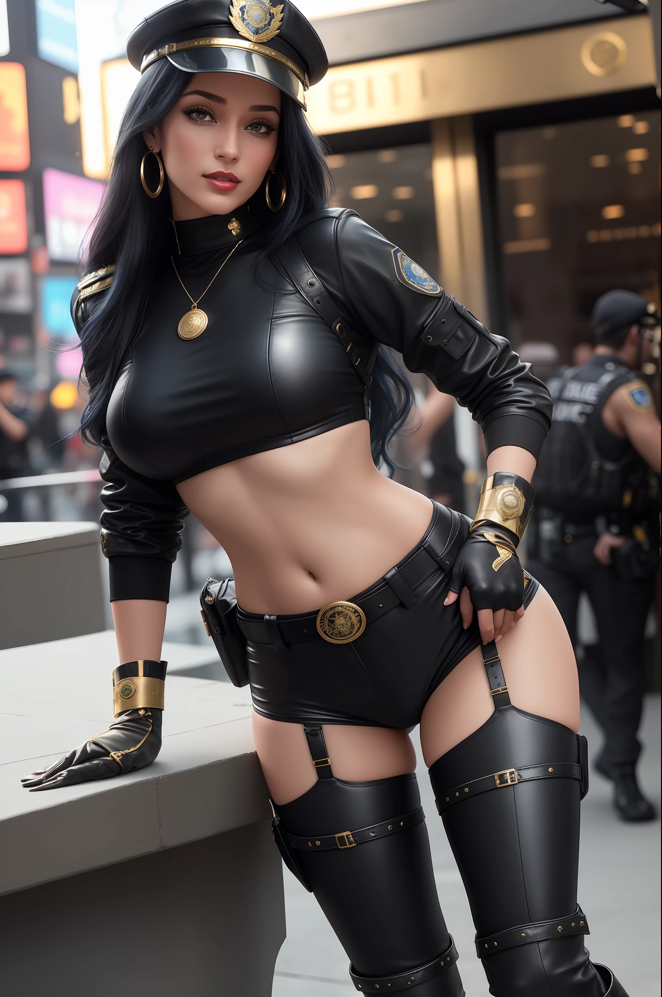 Lisa Haydon super sexy, with long black hair at hip height, dressed as an FBI cop, with cap, red lipstick, wearing sunglasses, sucking on a lollipop, with a sensual expression, in an open police uniform showing her breasts, topless, solo, erotic, obscene, sexy, big tits, sexy belly, ((sexy_pose)) smiling wearing (transparent saree) lying in bed at midnight,  full body (city, street, Times Square, long hair, photorealistic, 1girl, fighter, erotic pose, ), best quality, intricate details, looking at the viewer, ultra realistic 8k CG, perfect face, flawless, clean, masterpiece, professional artwork, famous art, cinematic lighting, cinematic flower, perfect face, beautiful face, beautiful eyes, ((perfect female body, narrow waist)), blurred background, boots, breasts, cowboy boots,  cowboy, headgear, headband, crowd, depth of field, fingerless gloves, gloves, lacy gloves, large breasts, leather, leather gloves, looking at the viewer, toned body, sunlight, jewelry, (dynamic angle:1.2), (dynamic pose:1.2) lace, fish net, lace trim, hair ornament, gold necklace, earrings, bracelet, armband, ((dark blue hair, blue short-sleeved police uniform,  Fitted design, gold trim, brass buttons, double chest, turtleneck, black and gold belt, black leather gloves, police badge, utility belt with pockets, handcuffs, ammunition, blue pants, knee-length black leather boots with gold details, robust and practical design))