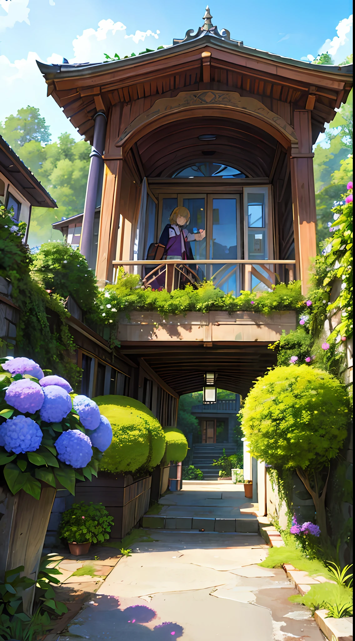 (ultra high res,photorealistic,best quality,photo-realistic),(8k,raw photo,best quality,masterplece),(photon mapping,radiosity,physically-based rendering,automatic white balance),real person,photograph,bridge, building, bush, city, cloud, day, door, fence, field,orest, garden, grass, house, hydrangea, mountain, nature, no_humans, outdoors, path, plant, potted_plant, purple_flower, road, scenery, sky, skyscraper, traditional_media, tree,
