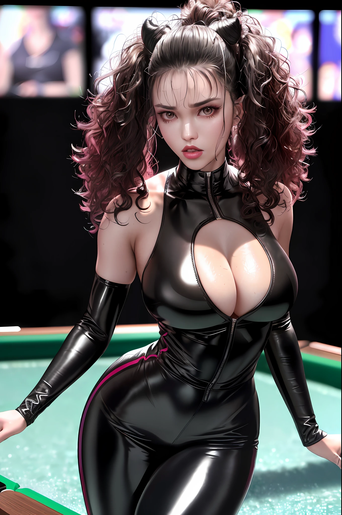 Tekken female character sexy latex outfit Curly hair huge bust, Standing at the pool table, clearly visible ass and full body, (8k, RAW photo, photorealistic: 1.25), (lots of lip gloss, lots of eyelashes, watery eyes, best quality, ultra high resolution, depth of field, chromatic aberration, caustic, wide light, natural color,