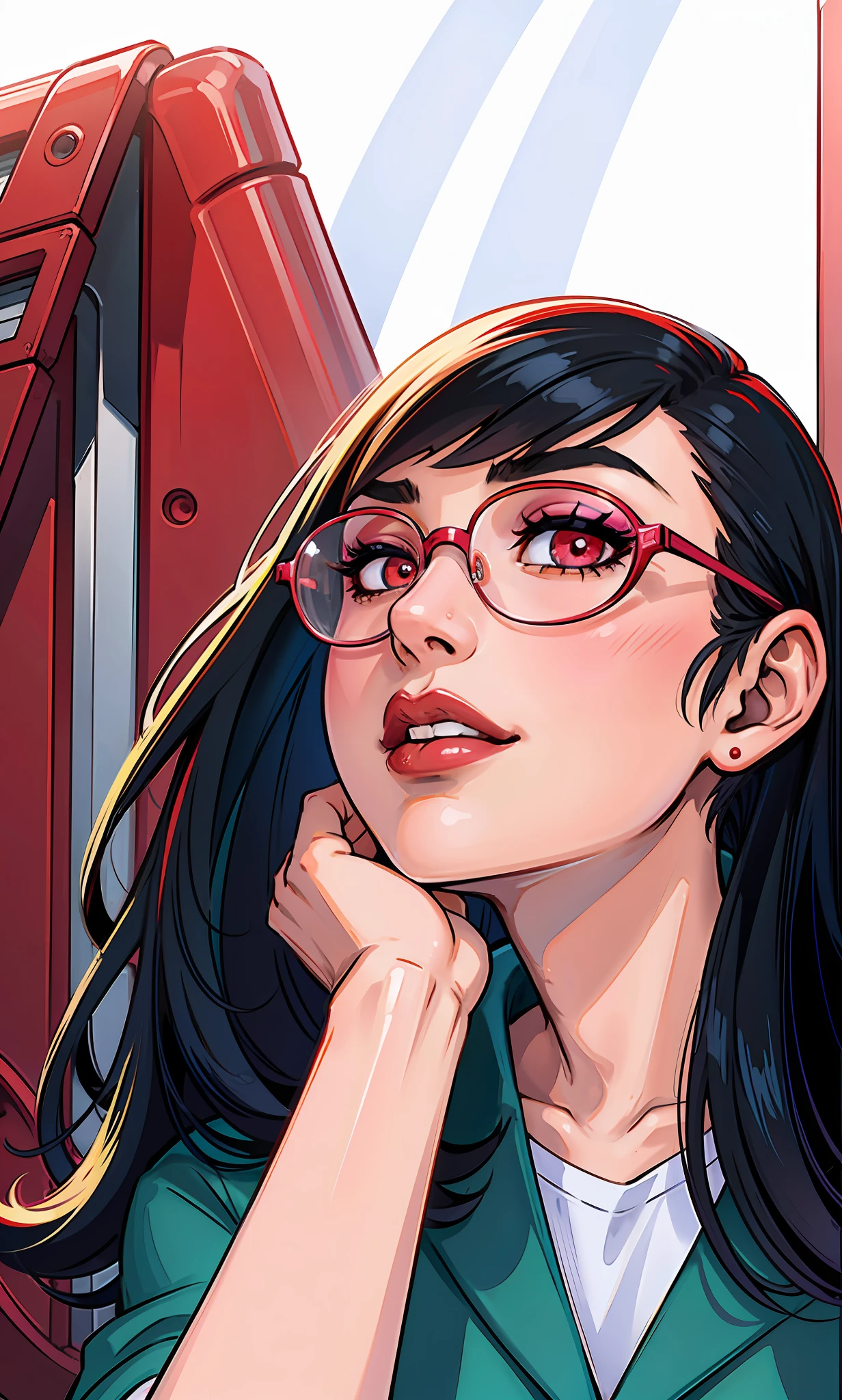 (masterpiece),(best quality:1.0), (ultra highres:1.0), detailed illustration, 8k, anime, 1girl, beautiful anime girl, wearing a white top, glasses, pretty face, detailed face, beautiful eyes, detailed eyes, dark red eyes, bright red lips, red lipstick, black hair, beautiful stylish hair, highlights in hair, bangs anime style, cherry blossom, pink theme, best quality, vibrant