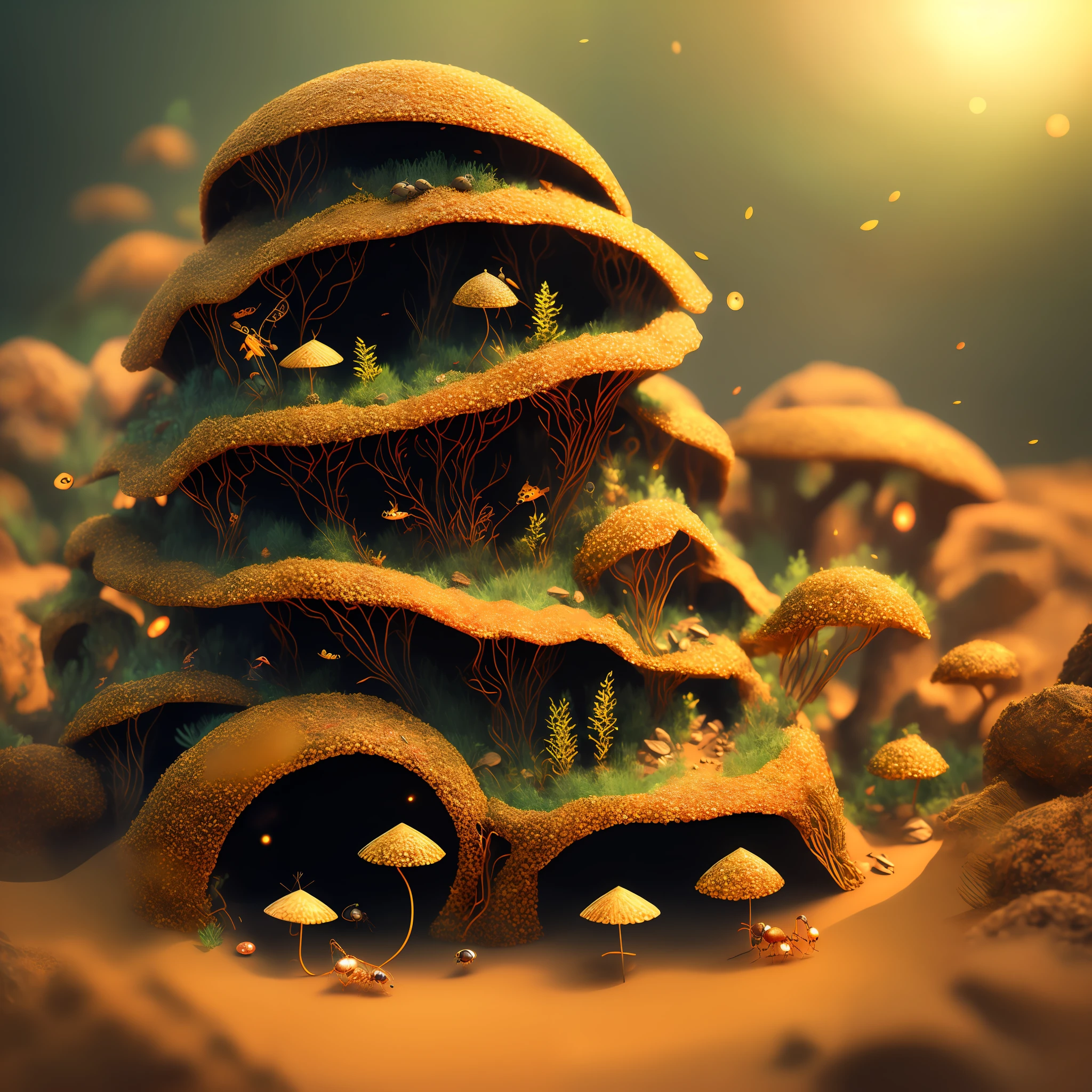 Futuristic anthill, ant habitat made of sand, ultra-real, absurd, high quality, ultra-fine, artwork, gold jewelry, particle effects, red festive, texture, octane rendering, ray tracing, chinoiserie architecture, sand, black background, atmosphere, gorgeous poster, brush strokes, Chinese painting, outdoor, glowing particles, forest, (firefly) zen chamber flower and wood depth, jewelry, particle effects, texture