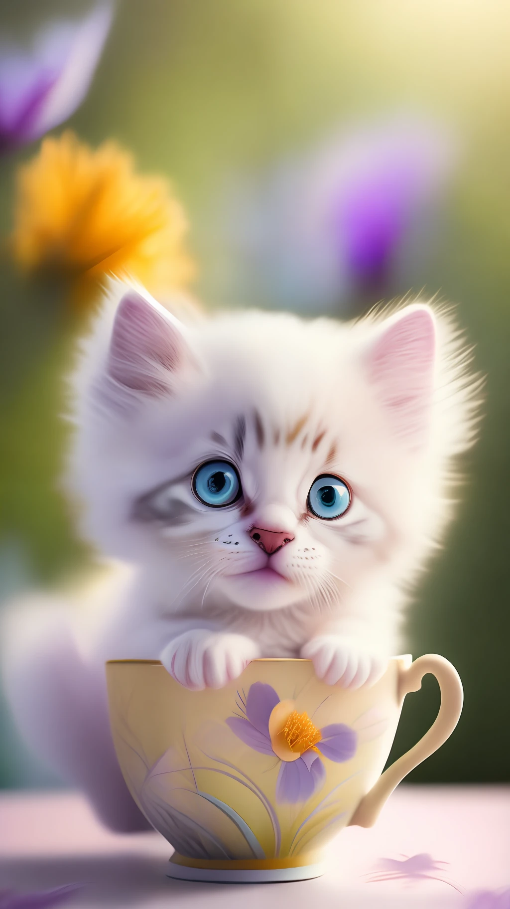 Very cute white tropical punk kitten, big eyes, in cup, laughter, excitement, flowers, professional light, depth of field 8k, purple gold magic moment, professional photography, octane rendering, super realistic - amazing sunlight, dynamic composition, photography, sharp focus, background bokeh