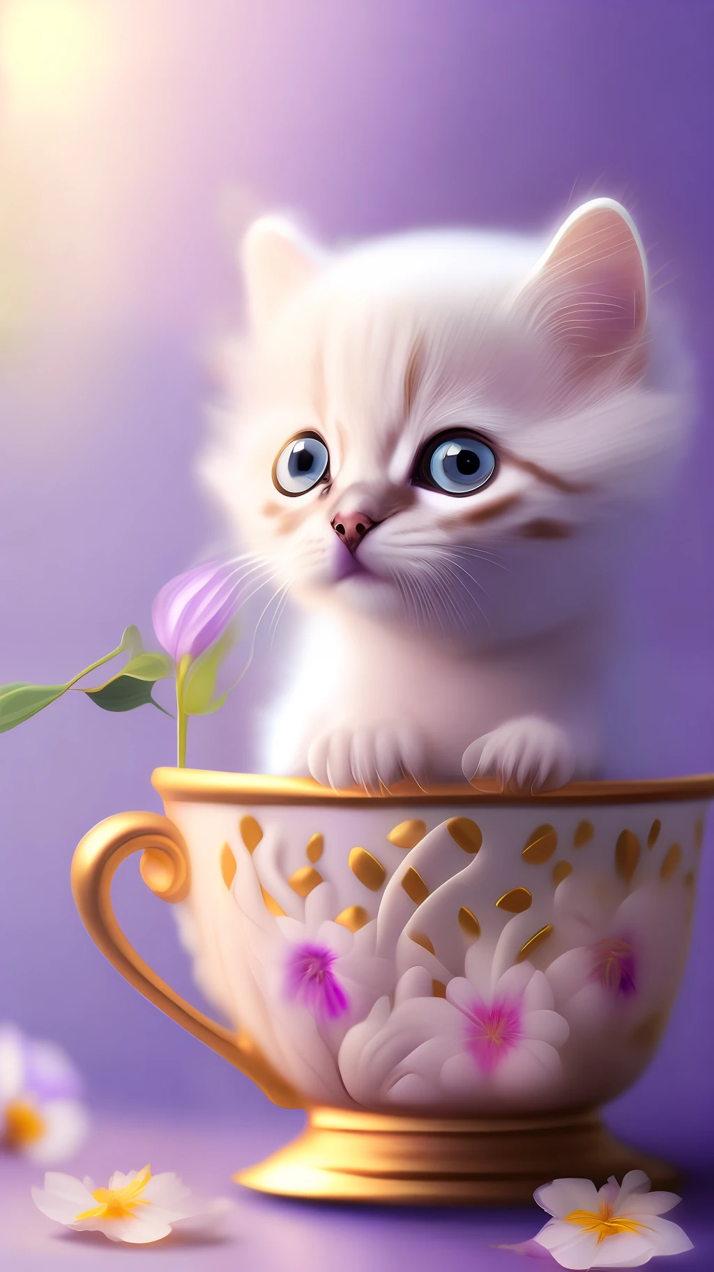 Very cute white tropical punk kitten, big eyes, in cup, laughter, excitement, flowers, professional light, depth of field 8k, purple gold magic moment, professional photography, octane rendering, super realistic - amazing sunlight, dynamic composition, photography, sharp focus, background bokeh