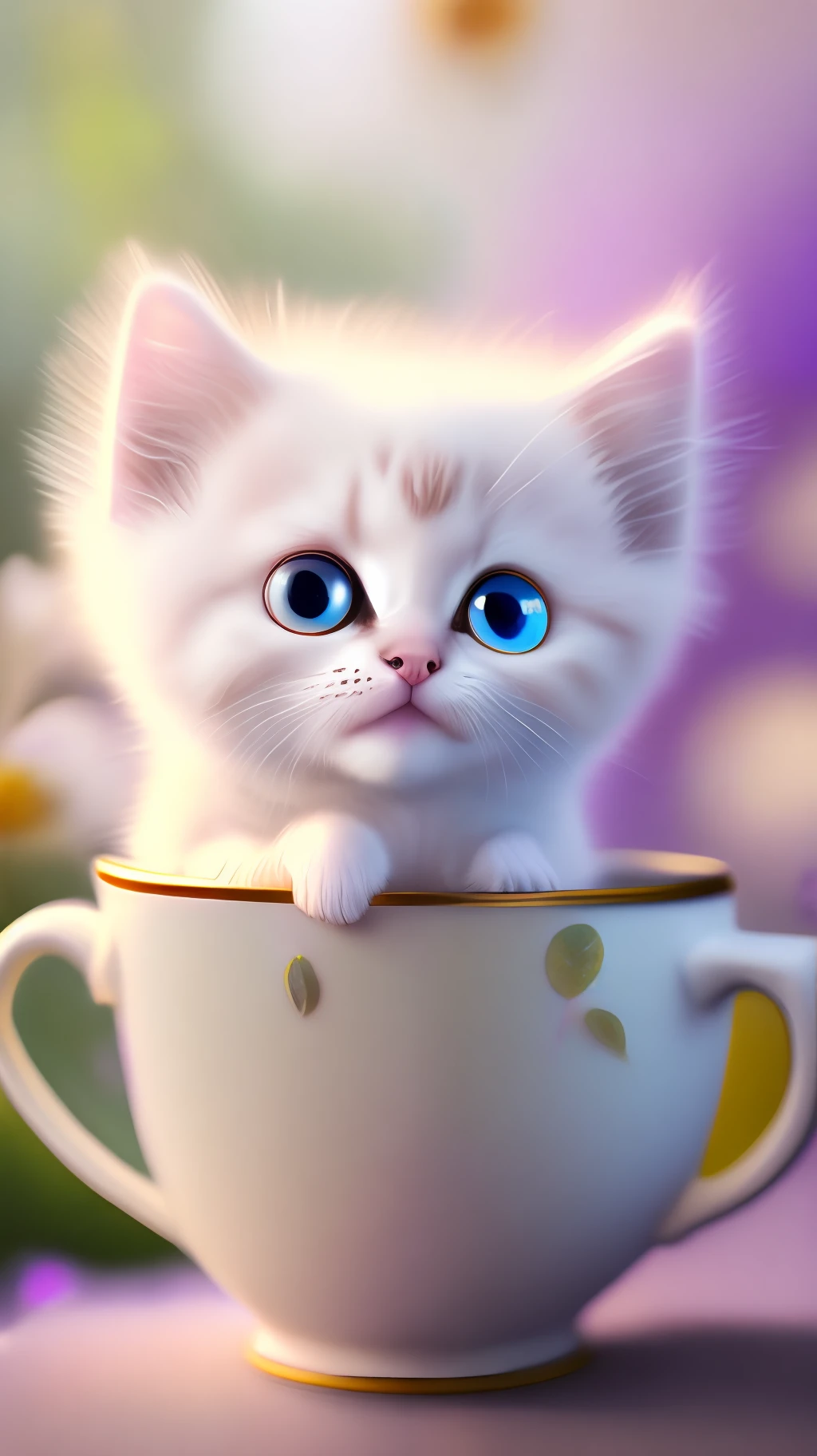 Very cute white tropical punk kitten, big eyes, in cup, laughter, excitement, flowers, professional light, depth of field 8k, purple gold magic moment, professional photography, octane rendering, super realistic - amazing sunlight, dynamic composition, photography, sharp focus, background bokeh