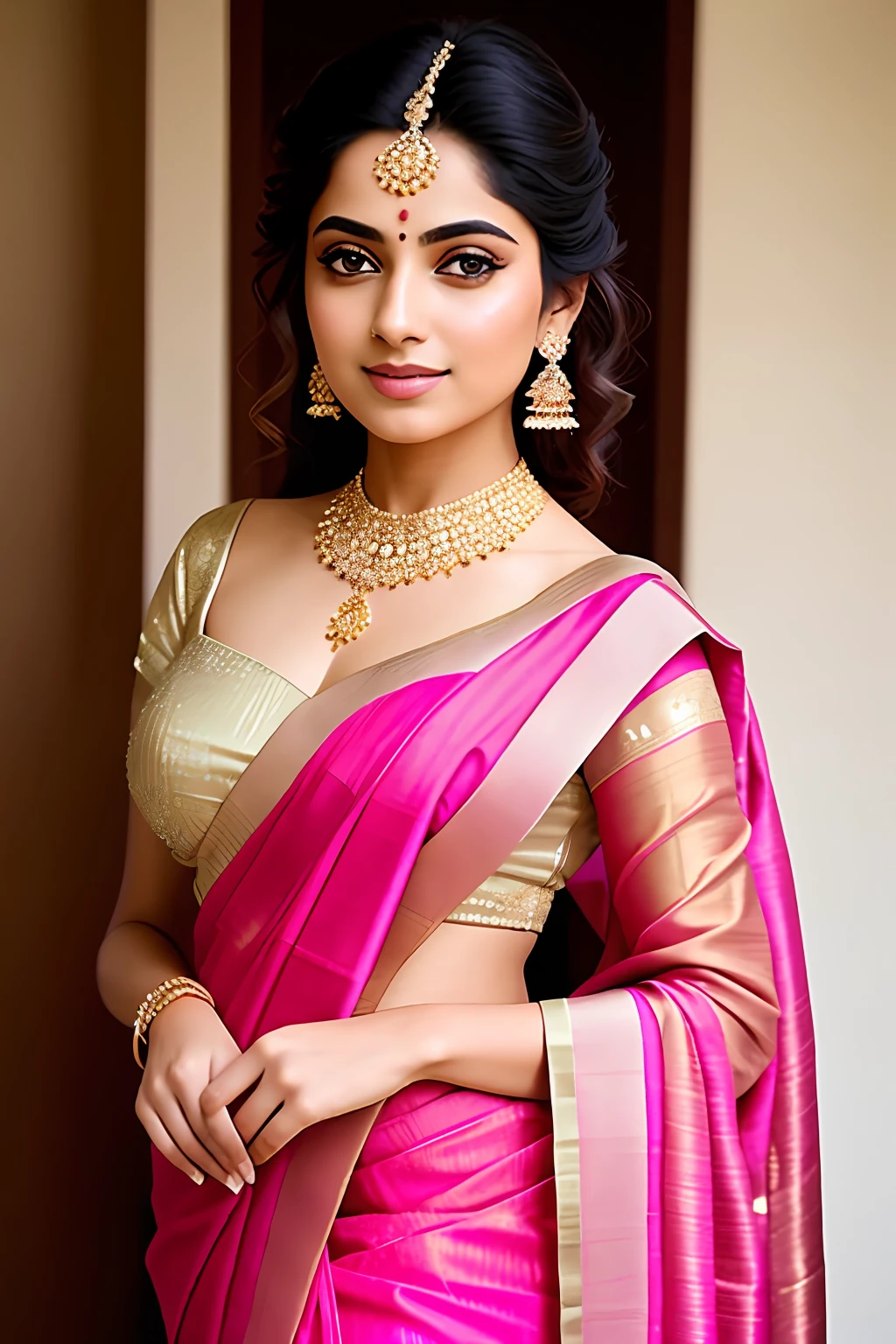 beautiful girl wearing a pink gold sari. The sari is made of a luxurious, shimmering fabric that combines shades of pink and gold, creating a captivating blend of colors. The girl's sari drapes elegantly around her body, accentuating her curves. The intricate patterns and embroidery on the sari add a touch of traditional charm and sophistication