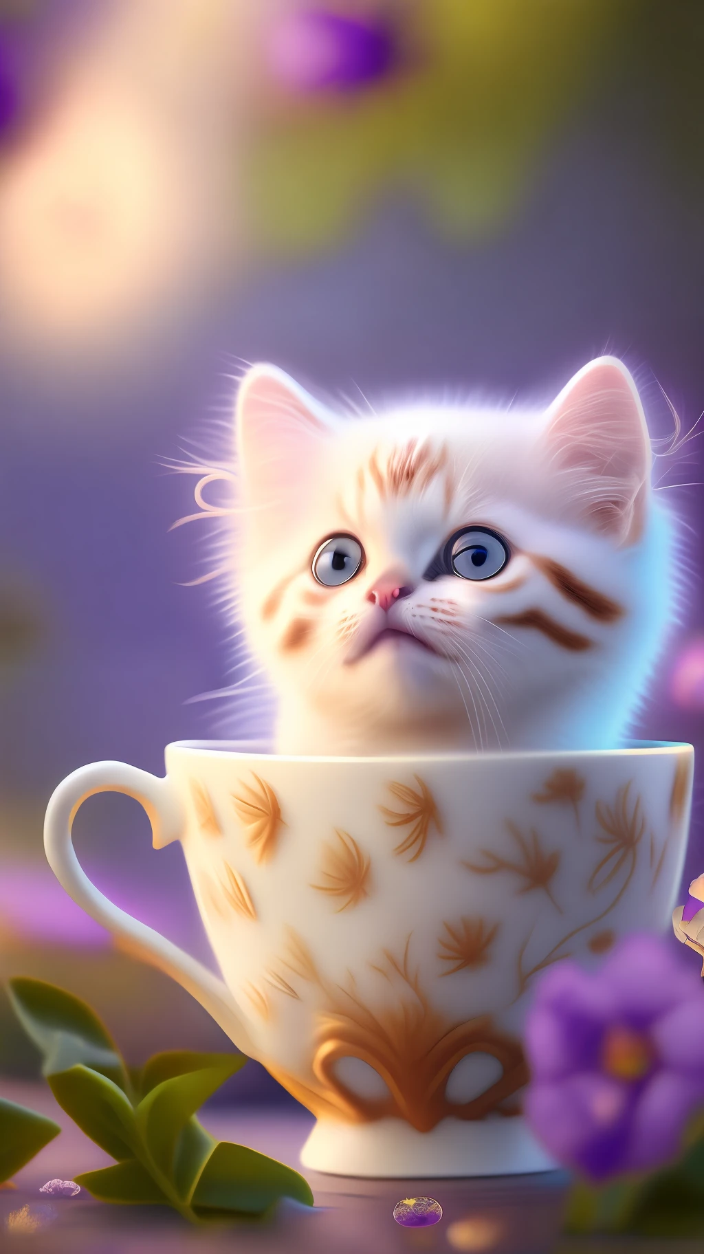 Very cute white tropical punk kitten, big eyes, in cup, laughter, excitement, flowers, professional light, depth of field 8k, purple gold magic moment, professional photography, octane rendering, super realistic - amazing sunlight, dynamic composition, photography, sharp focus, background bokeh