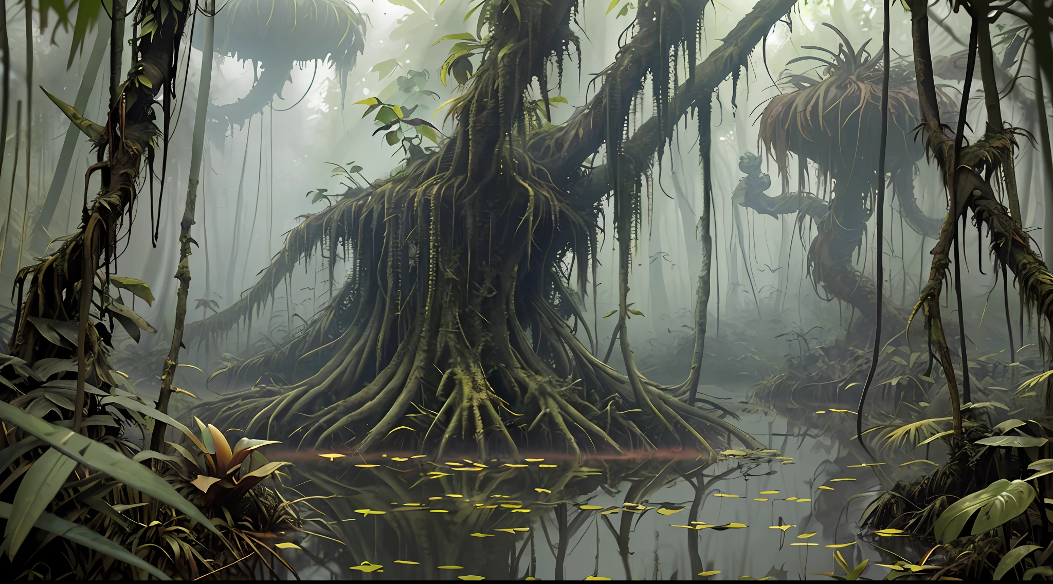 stalenhag, (dense alien jungle swamp:1.3), old destroyed parts rust atom nuclear, sci-fi, knots colorfully raw surface, smooth round shapes, hdr, 8k, 4k, octane renderer, huge detailed, artstation