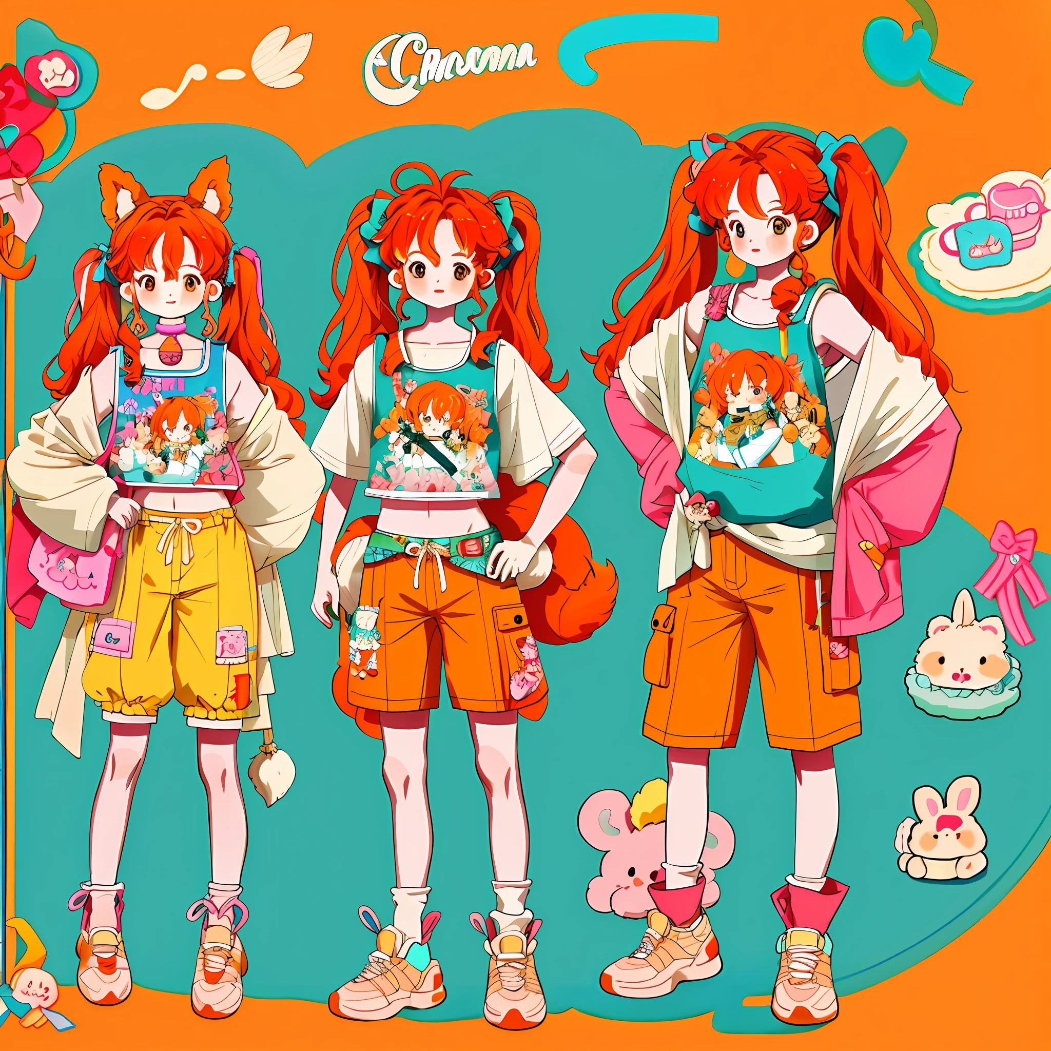 Character Reference Sheet, Concept Art, Cute Boy, Femboy, Flat Chest, Idol, Soft Orange Hair, Chinchilla Ears and Tail, Magic, Cute Shorts, Cute Clothes, Long Hair, Two Ponytails