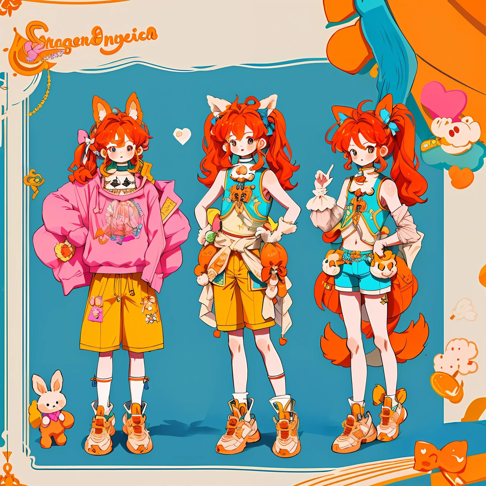 Character Reference Sheet, Concept Art, Cute Boy, Femboy, Flat Chest, Idol, Soft Orange Hair, Chinchilla Ears and Tail, Magic, Cute Shorts, Cute Clothes, Long Hair, Two Ponytails
