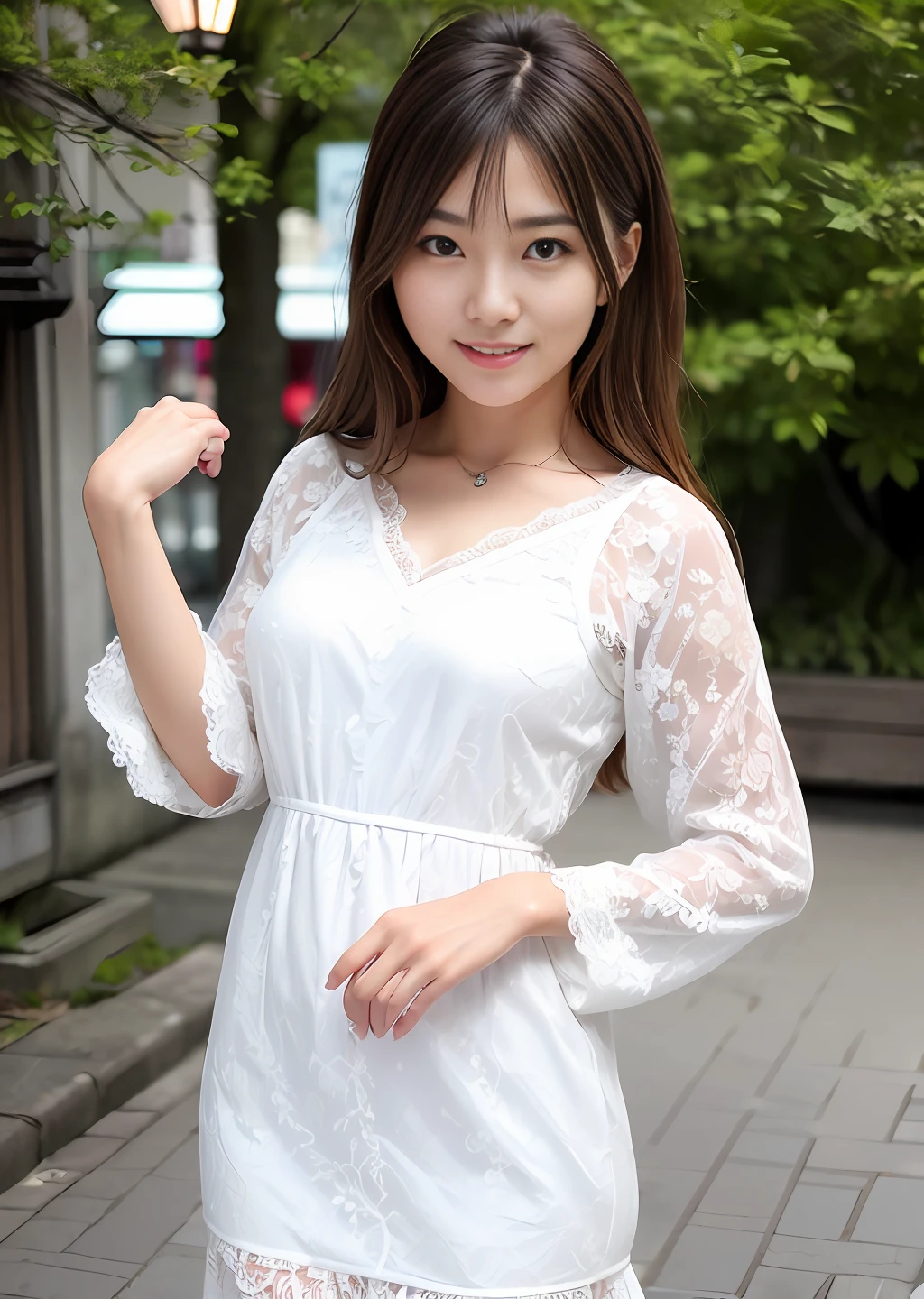 (8k), (best quality), (masterpiece:1.3), (realistic), (photorealistic:1.36), ultra-detailed,1 girl,smile,japanese cute girl,20 years old, messy hair, beautiful, brown eyes, silver stormy eyes, detailed gorgeous face, white lace dress , glimmer, walk in downtown Tokyo