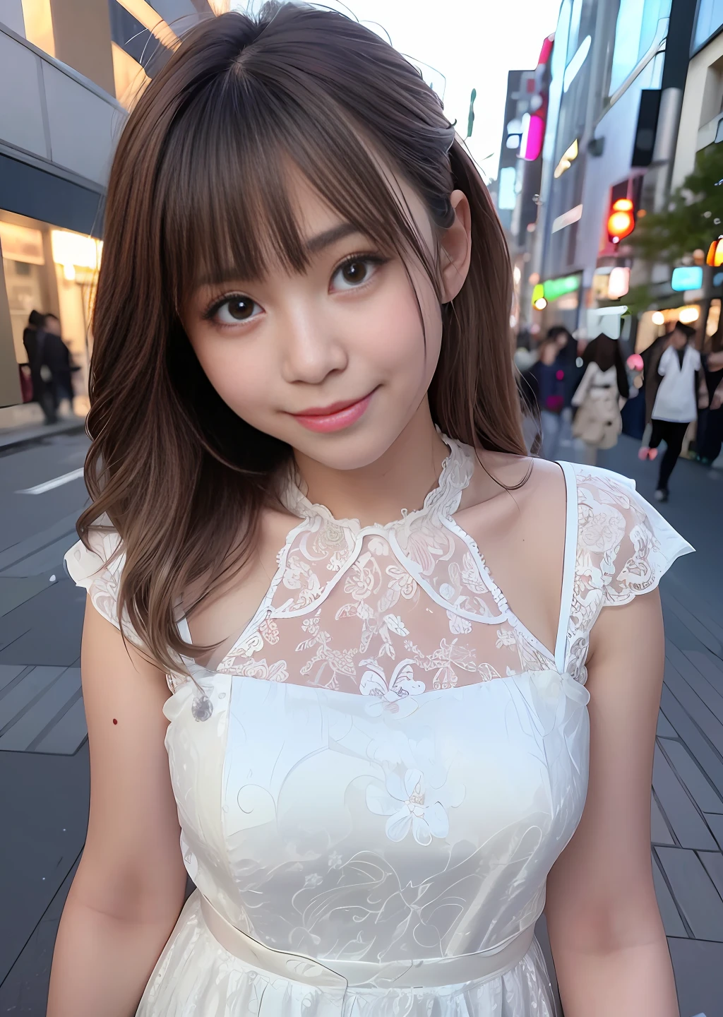 (8k), (best quality), (masterpiece:1.3), (realistic), (photorealistic:1.36), ultra-detailed,1 girl,smile,japanese cute girl,20 years old, messy hair, beautiful, brown eyes, silver stormy eyes, detailed gorgeous face, white lace dress , glimmer, walk in downtown Tokyo