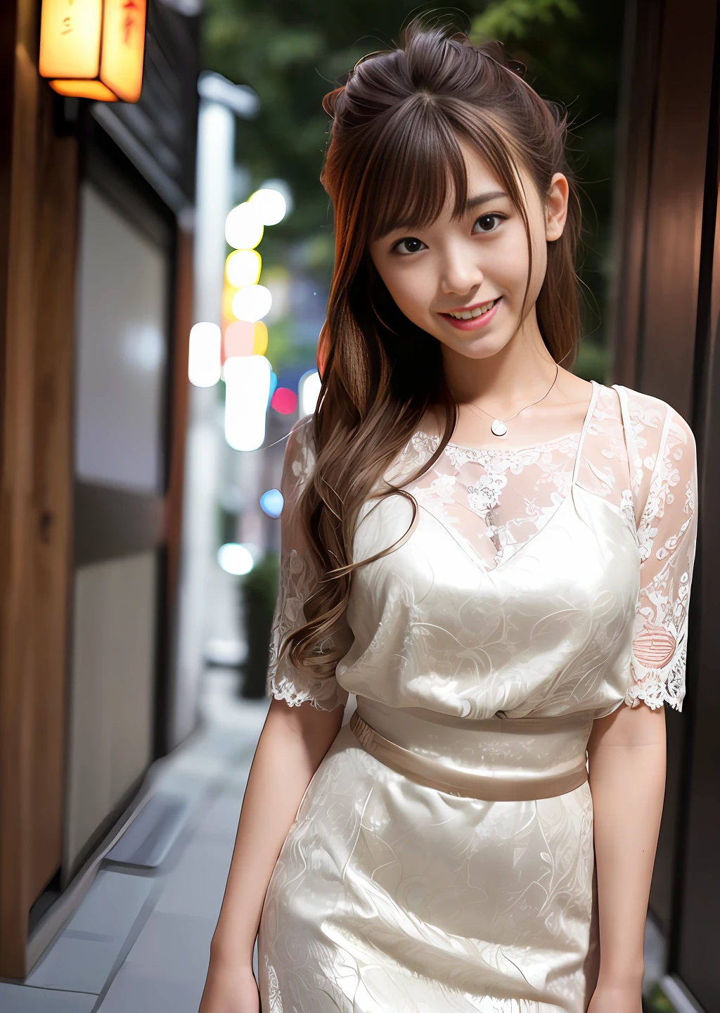 (8k), (best quality), (masterpiece:1.3), (realistic), (photorealistic:1.36), ultra-detailed,1 girl,smile,japanese cute girl,20 years old, messy hair, beautiful, brown eyes, silver stormy eyes, detailed gorgeous face, white lace dress , glimmer, walk in downtown Tokyo
