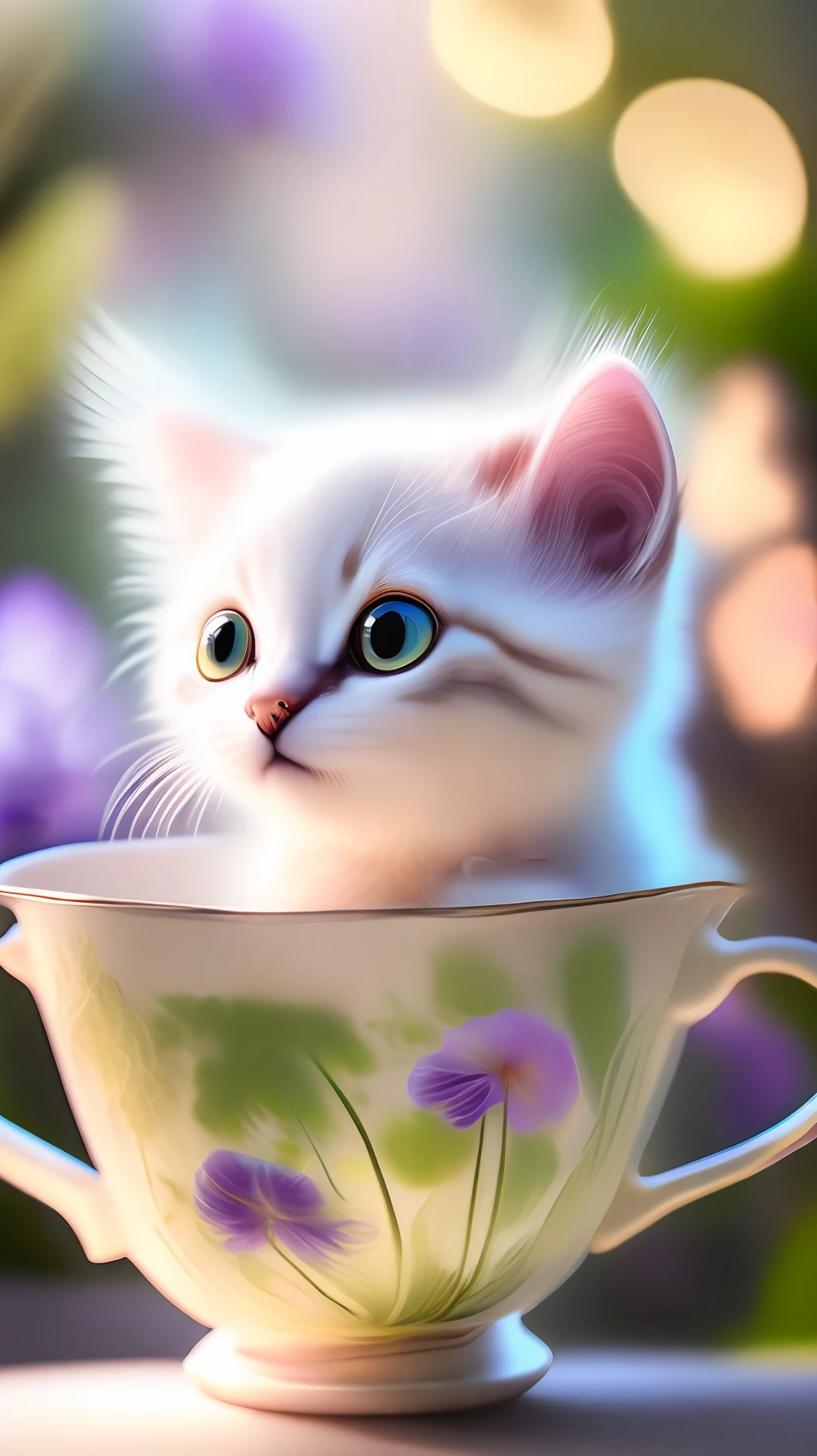 Very cute white tropicpunk kitten, big eyes, in cup, open mouth, laugh, excitement, flowers, professional light, depth of field 8k, purple gold magic moment, professional photography, octane rendering, super realistic - amazing sunlight, dynamic composition, photography, sharp focus, background bokeh
