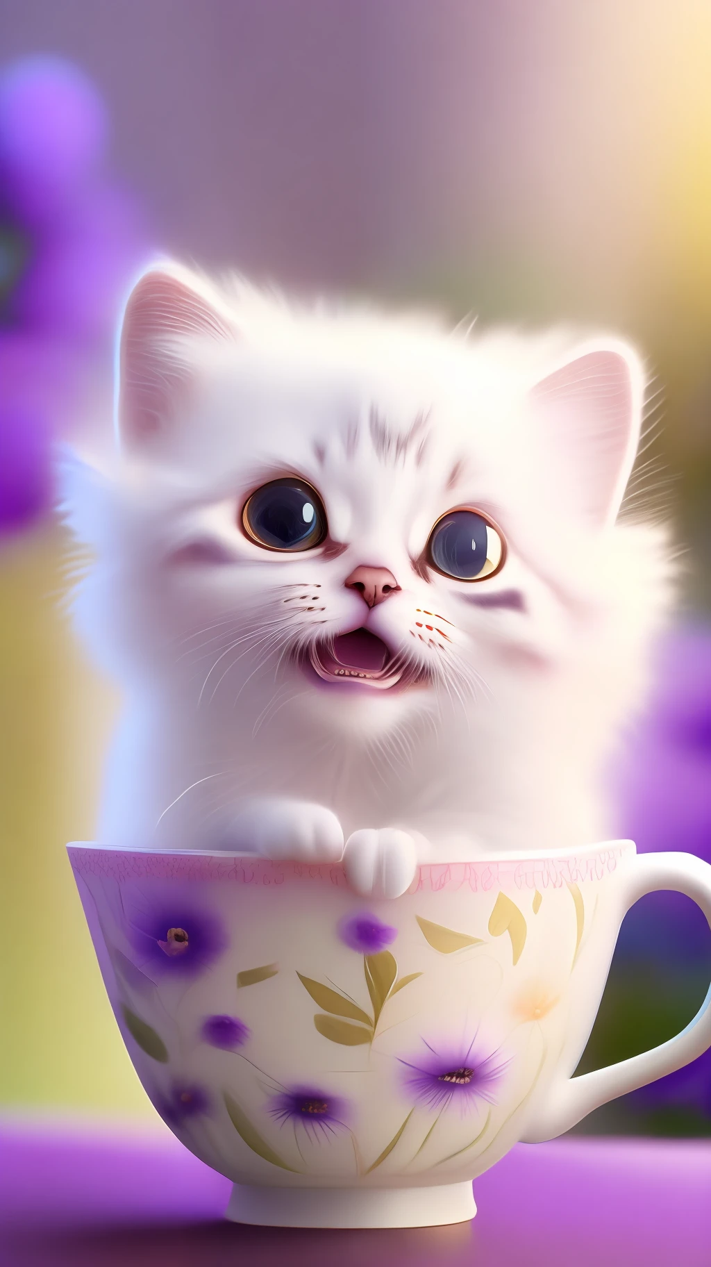 Very cute white tropicpunk kitten, big eyes, in cup, open mouth, laugh, excitement, flowers, professional light, depth of field 8k, purple gold magic moment, professional photography, octane rendering, super realistic - amazing sunlight, dynamic composition, photography, sharp focus, background bokeh