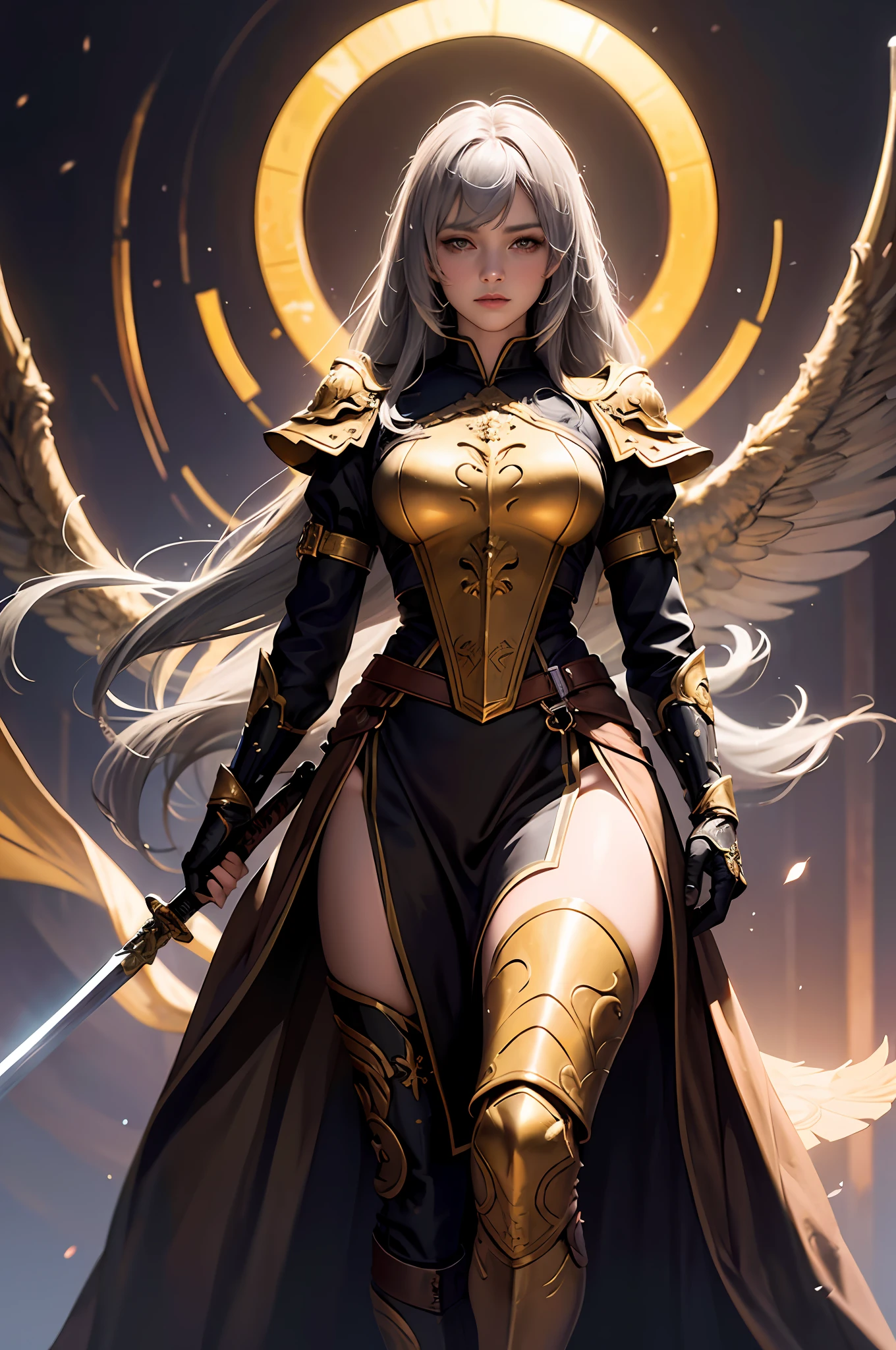 (Front Focus), (In the Dark: 1.6), A Woman Wearing a Gorgeous Golden Robe, (Holding a Gorgeous Sword in Hold: 1.6), Fantasy Art, Photo Realism, Dynamic Lighting, ArtStation, Poster, Volumetric Lighting, Very Detailed Faces, 4 K, Award, 1girl, In the Dark, Deep Shadow, Low Key, Cowboy Shot, (Official Uniform: 1.4), Long Hair, Gray Hair