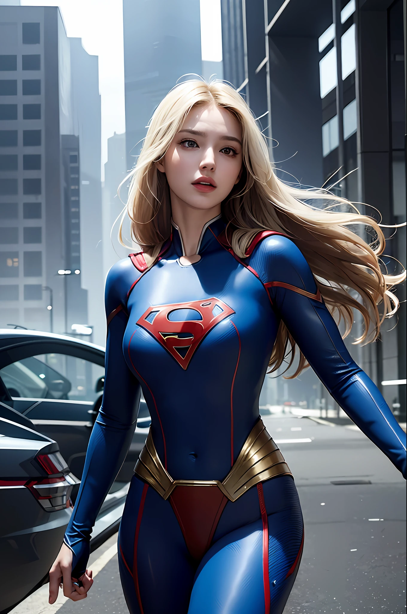 RAW, Masterpiece, Super Fine Photo,, Best Quality, Ultra High Resolution, Photorealistic Photorealism, Sunlight, Full Body Portrait, Amazing Beauty,,Dynamic Pose,Delicate Face,Vibrant Eyes,(From the side), She Wears Futuristic Supergirl Costume, Very Detailed Background, Detailed Face, Detailed Complex Busy Background, Messy, Gorgeous, Milky White, Highly Detailed Skin, Realistic Skin Details, Visible Pores, Sharp Focus, Volumetric Fog, 8K UHD, DSLR, High Quality, Film grain, fair skin, photorealism, lomography, sprawling metropolis in futuristic dystopia, seen from below, translucent