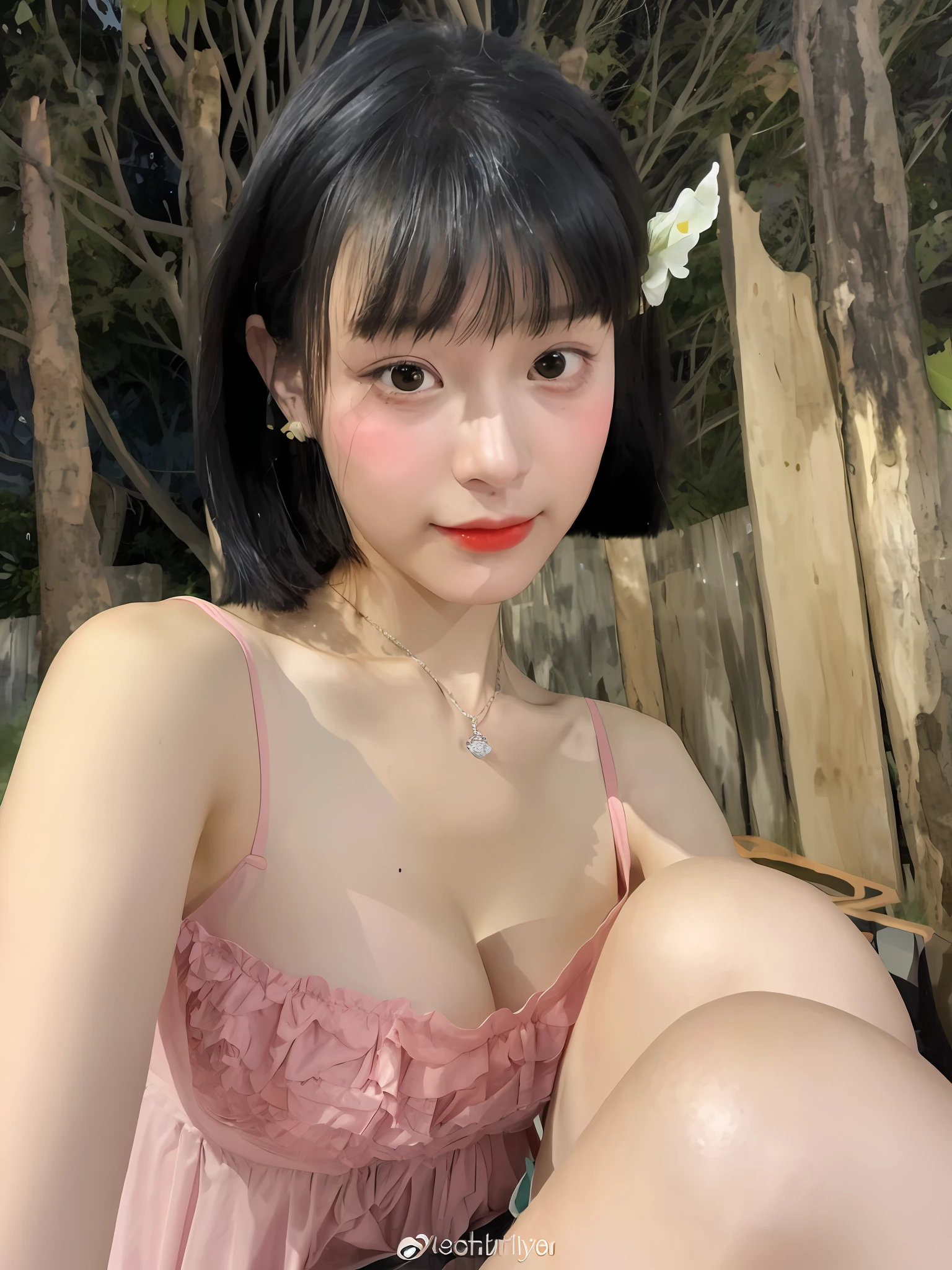 There is a woman sitting on a bench with a flower in her hair, Shikamimi, Cutecore, Chen Xintong, Zhongyuanjie, 8K)), Yoshitomo Nara, 8K selfie photo, girl cute thin face, 2263539546], (layered haircut, big breasts: 1.4)), flat chest, (slightly larger breasts), (no bra), white gauze skirt, looming)