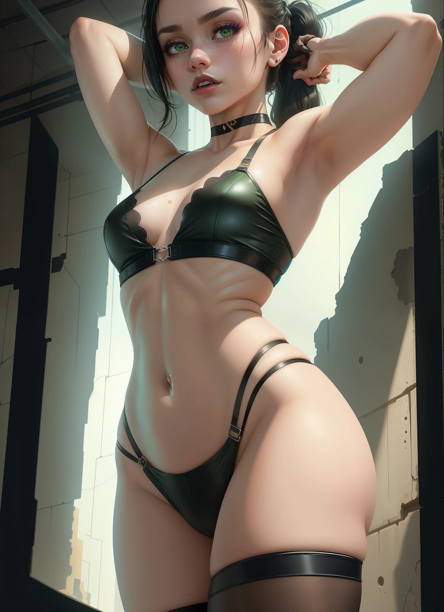 solo, a woman is tied in a pipe a basement, arms up, armpit, (green eyes, white skin, long black hair, ponytail, choker, small breasts, lipstick, makeup, eyeliner), wearing lingerie, (cyberpunk theme), (masterpiece, best quality, 8k, sharp focus, depth of field, best shadows, perfect lights, HDR, realistic skin texture, ultra-detailed and detailed background),