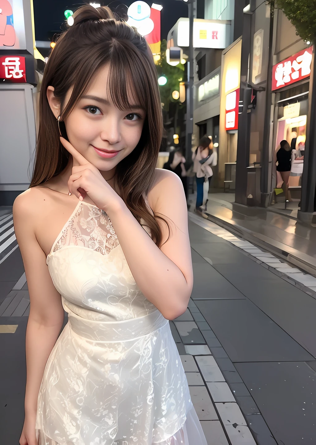 (8k), (best quality), (masterpiece:1.3), (realistic), (photorealistic:1.36), ultra-detailed,1 girl,smile,japanese cute girl,20 years old, messy hair, beautiful, brown eyes, silver stormy eyes, detailed gorgeous face, white lace dress , glimmer, walk in downtown Tokyo