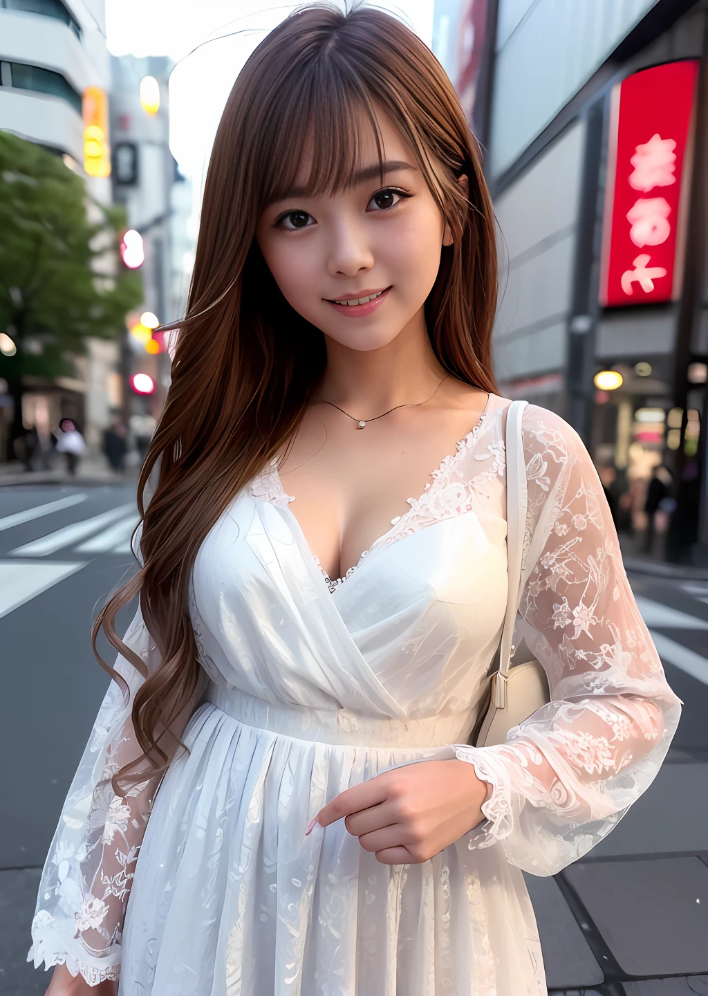 (8k), (best quality), (masterpiece:1.3), (realistic), (photorealistic:1.36), ultra-detailed,1 girl,smile,japanese cute girl,20 years old, messy hair, beautiful, brown eyes, silver stormy eyes, detailed gorgeous face, white lace dress , glimmer, walk in downtown Tokyo