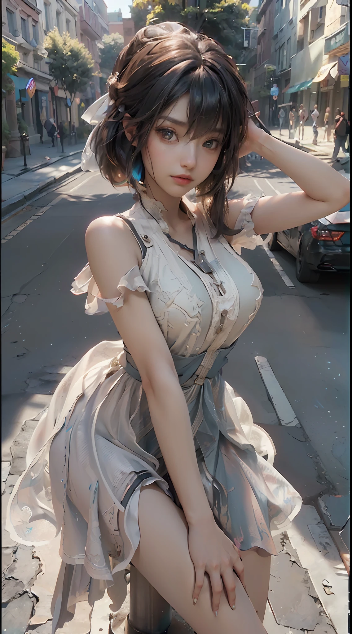 (Best Quality), ((Masterpiece), (Detail: 1.4), 3D, A Photo of a Beautiful Woman on the Street, HDR (High Dynamic Range), Ray Tracing, NVIDIA RTX, Super-Resolution, Unreal 5, Subsurface Scattering, PBR Textures, Post Processing, Anisotropic Filtering, Depth of Field, Maximum Sharpness and Sharpness, Multi-layer Textures, Albedo and Highlight Maps, Surface Shading, Accurate simulation of light-material interactions, perfect proportions, Octane Render, two-color light, large aperture, low ISO, white balance, rule of thirds, 8K RAW,
