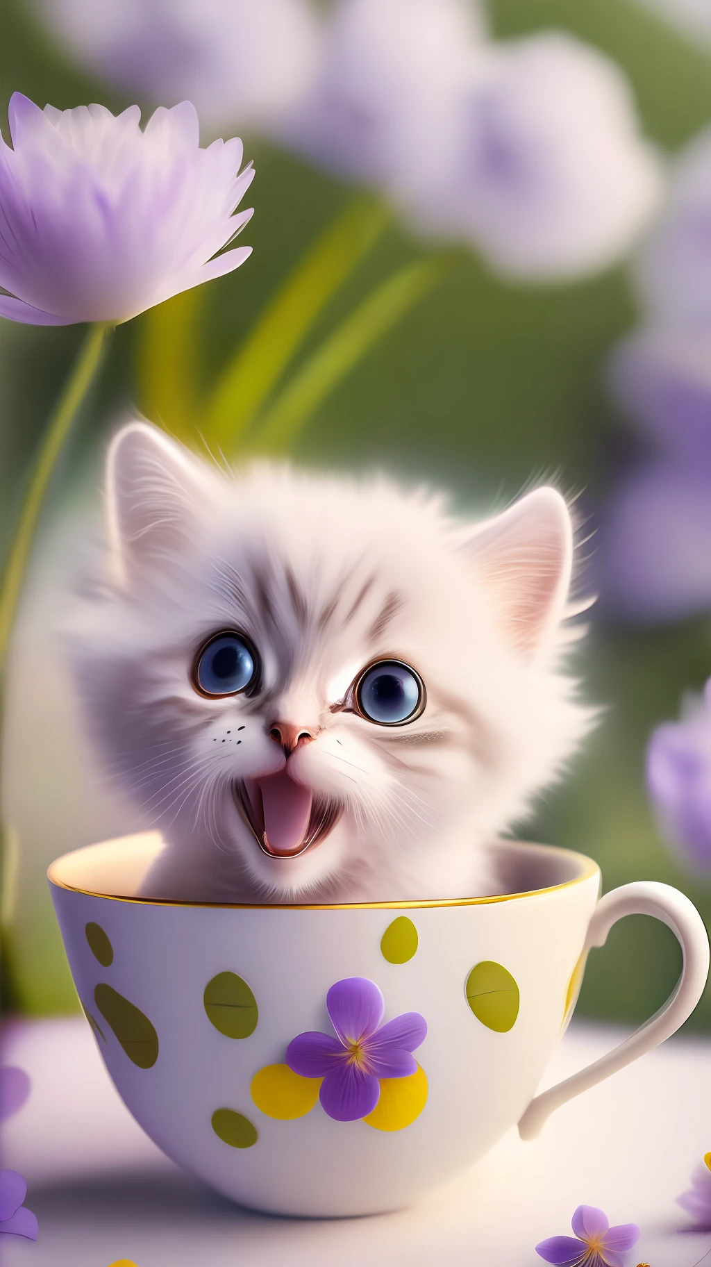 Very cute white tropicpunk kitten, big eyes, in cup, open mouth, laugh, excitement, flowers, professional light, depth of field 8k, purple gold magic moment, professional photography, octane rendering, super realistic - amazing sunlight, dynamic composition, photography, sharp focus, background bokeh