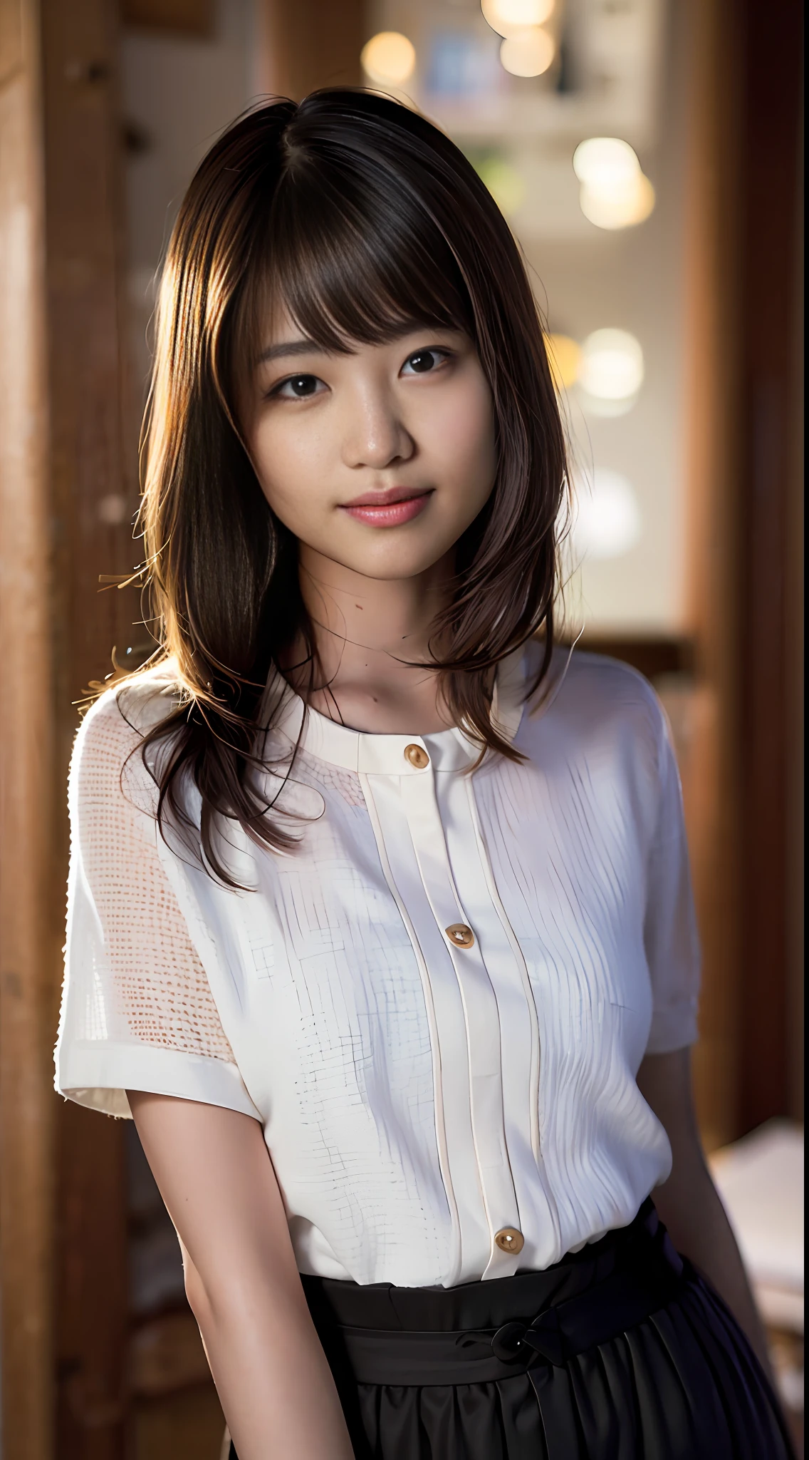 (8k, RAW photo, best quality, masterpiece:1.2), (realistic, photo-realistic:1.37), ultra-detailed, ultra high res,1 girl,looking at viewer,beautiful detailed face,smile,narrow,(slim waist:1.3),shirt, beautiful detailed skin, skin texture, floating hair,professional lighting,