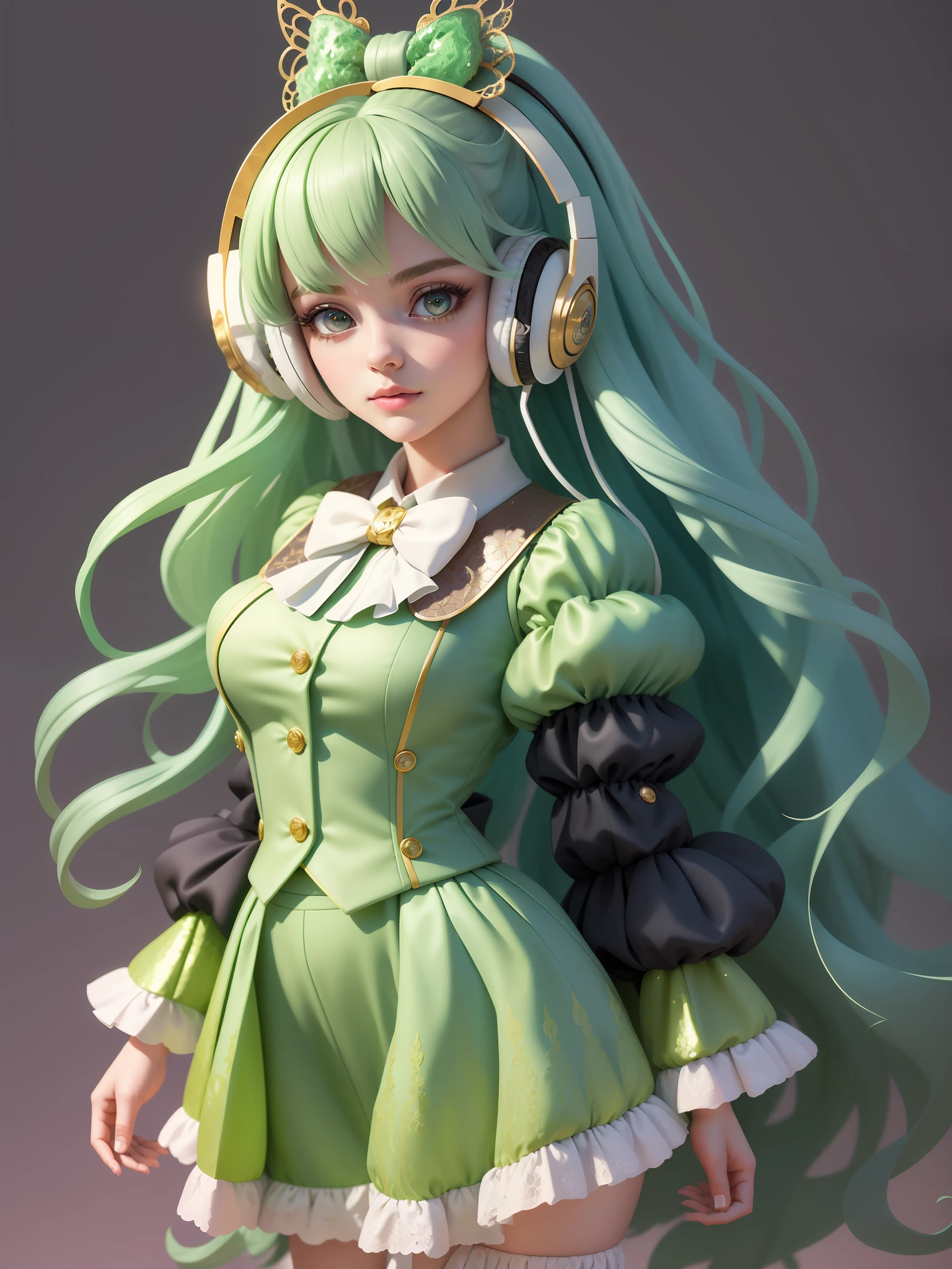 (masterpiece),(best quality),(ultra-detailed), (full body:1.2), 1girl, solo, upper body, long curly hair,song suit, pompadour skirt, slim and beautiful vest, lace shirt, Bubble sleeves, sequin, bow, plaid, green hair, Headphones, Long Hair, standing microphone, (beautiful detailed face), (beautiful detailed eyes),