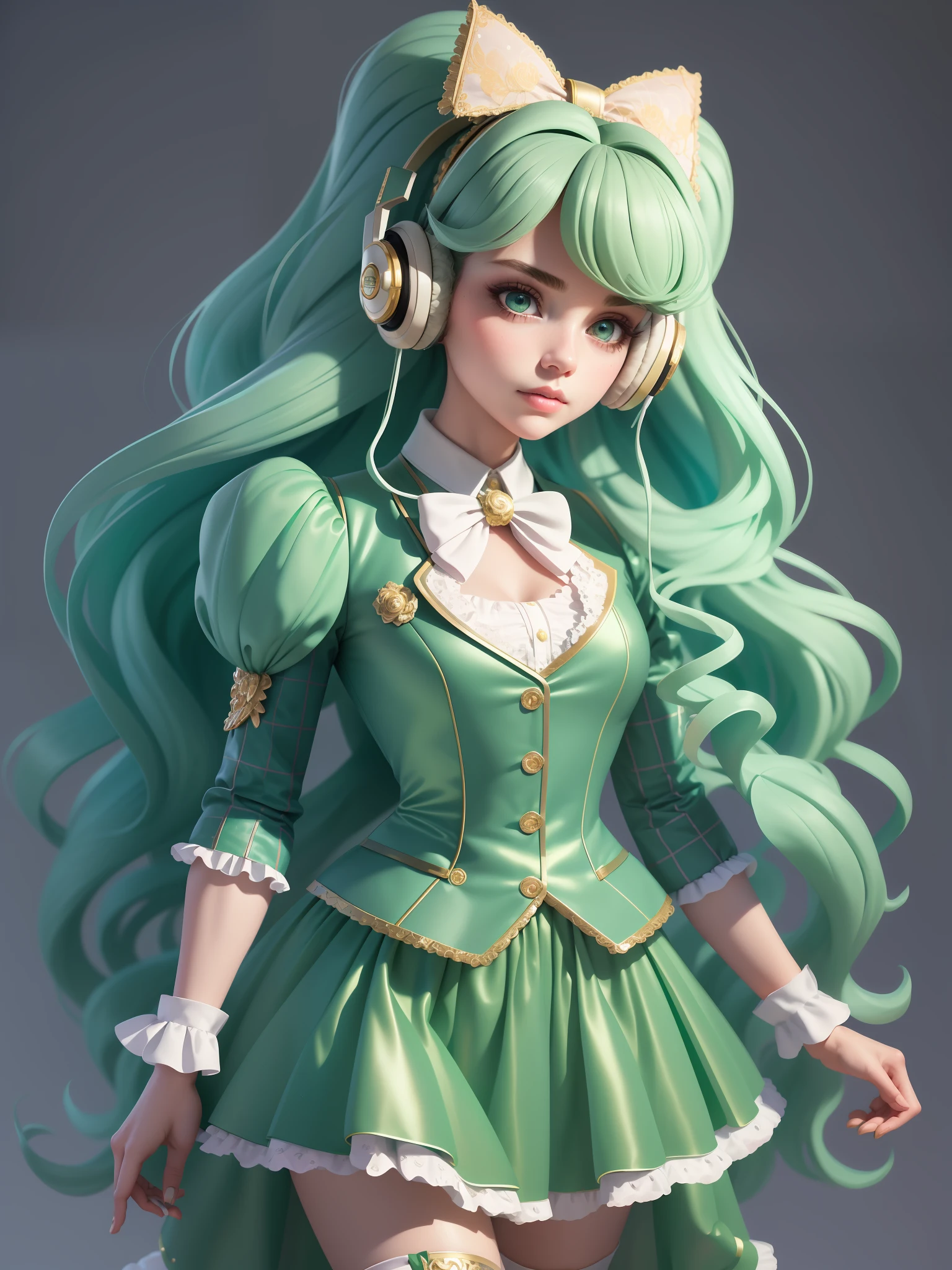(masterpiece),(best quality),(ultra-detailed), (full body:1.2), 1girl, solo, upper body, long curly hair,song suit, pompadour skirt, slim and beautiful vest, lace shirt, Bubble sleeves, sequin, bow, plaid, green hair, Headphones, Long Hair, standing microphone, (beautiful detailed face), (beautiful detailed eyes),