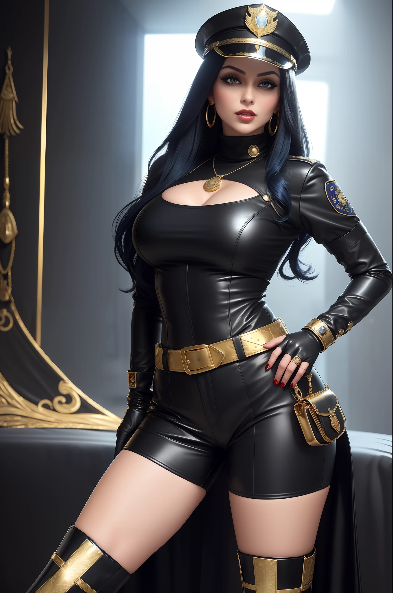 Haifa Wehbe Mozhdah Jamalzadah super sexy, with long black hair at hip height, dressed as an FBI police officer, with cap, red lipstick, wearing sunglasses, sucking on a lollipop, with a sensual expression, in an open police uniform showing her breasts, topless, solo, erotic, obscene, sexy, big tits, sexy belly, ((sexy_pose)) smiling wearing (transparent saree) lying in bed at midnight,  full body (city, street, Times Square, long hair, photorealistic, 1girl, fighter, erotic pose, ), best quality, intricate details, looking at the viewer, ultra realistic 8k CG, perfect face, flawless, clean, masterpiece, professional artwork, famous art, cinematic lighting, cinematic flower, perfect face, beautiful face, beautiful eyes, ((perfect female body, narrow waist)), blurred background, boots, breasts, cowboy boots,  cowboy, headgear, headband, crowd, depth of field, fingerless gloves, gloves, lacy gloves, large breasts, leather, leather gloves, looking at the viewer, toned body, sunlight, jewelry, (dynamic angle:1.2), (dynamic pose:1.2) lace, fish net, lace trim, hair ornament, gold necklace, earrings, bracelet, armband, ((dark blue hair, blue short-sleeved police uniform,  Fitted design, gold trim, brass buttons, double chest, turtleneck, black and gold belt, black leather gloves, police badge, utility belt with pockets, handcuffs, ammunition, blue pants, knee-length black leather boots with gold details, robust and practical design))
