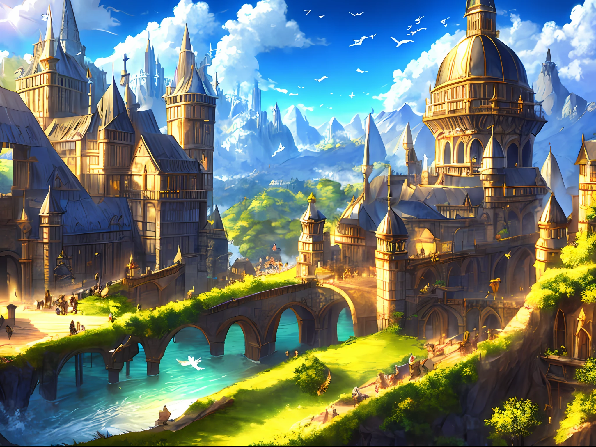 medieval kingdom. sunny morning. 8k resolution. ratio 3:2. very high drawing skills. bird's eye viewpoint. very stunning view. amazing light effects. thick medieval fantasy illustrations. very large area.